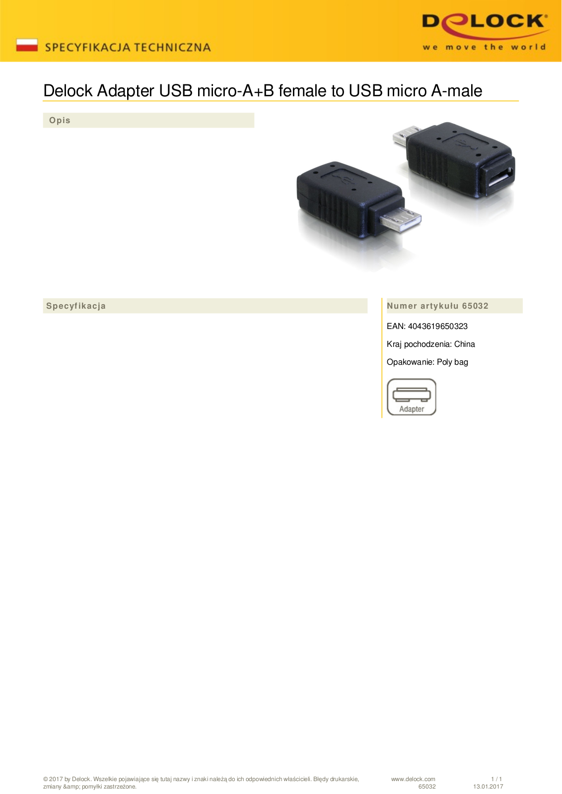 DeLOCK USB 2.0 adapter, micro-B  socket  on micro-B  plug User Manual