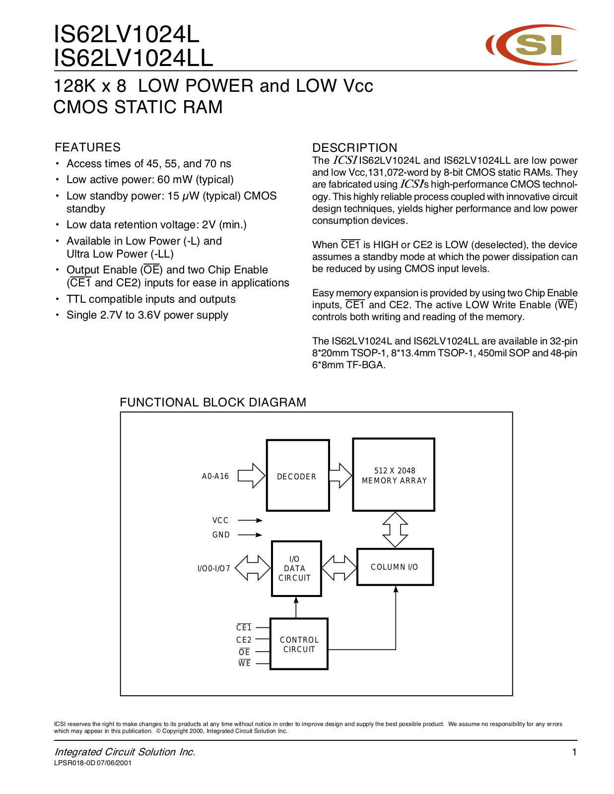 ICSI IS62LV1024LL-70T, IS62LV1024LL-70QI, IS62LV1024LL-70Q, IS62LV1024LL-70H, IS62LV1024LL-70BI Datasheet