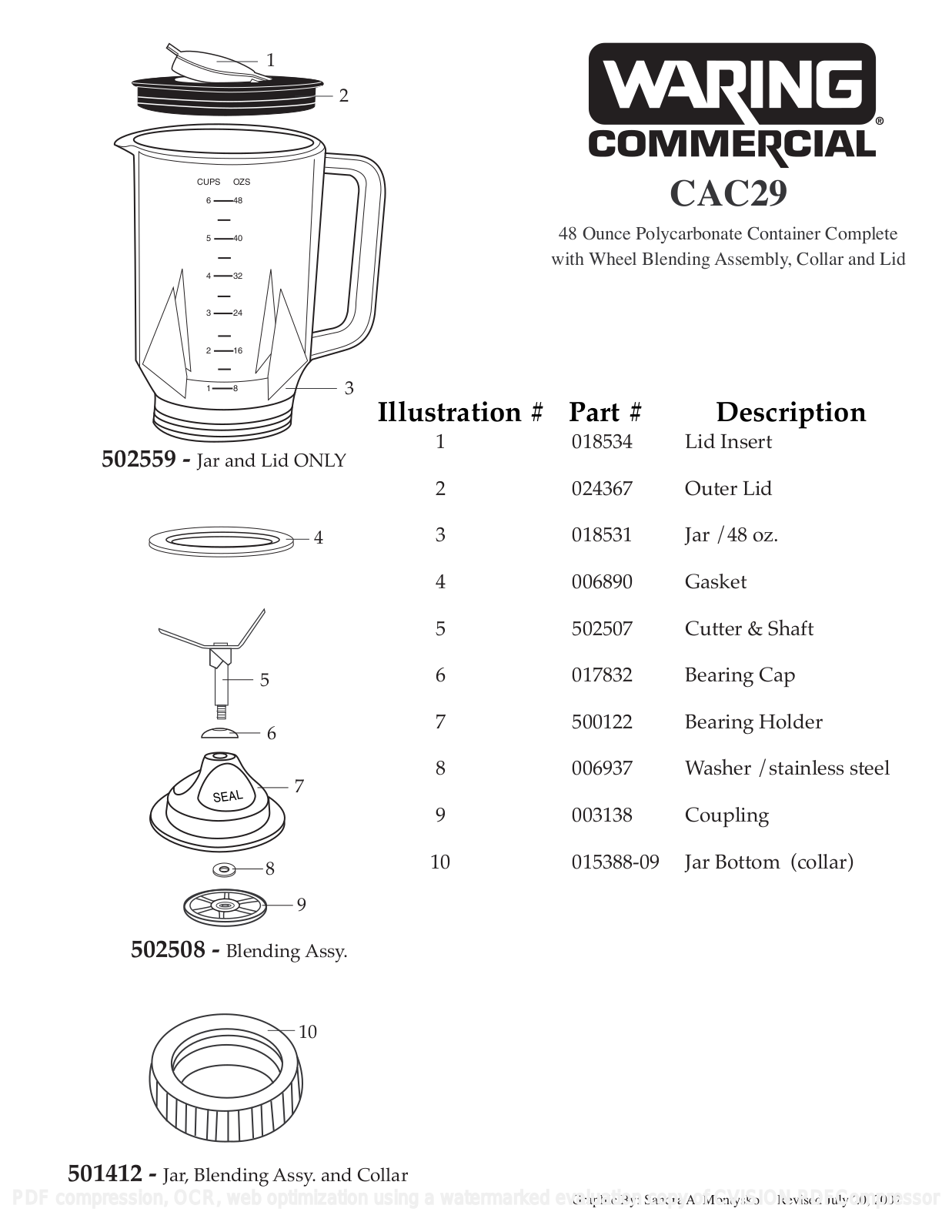 Waring CAC29 Parts List