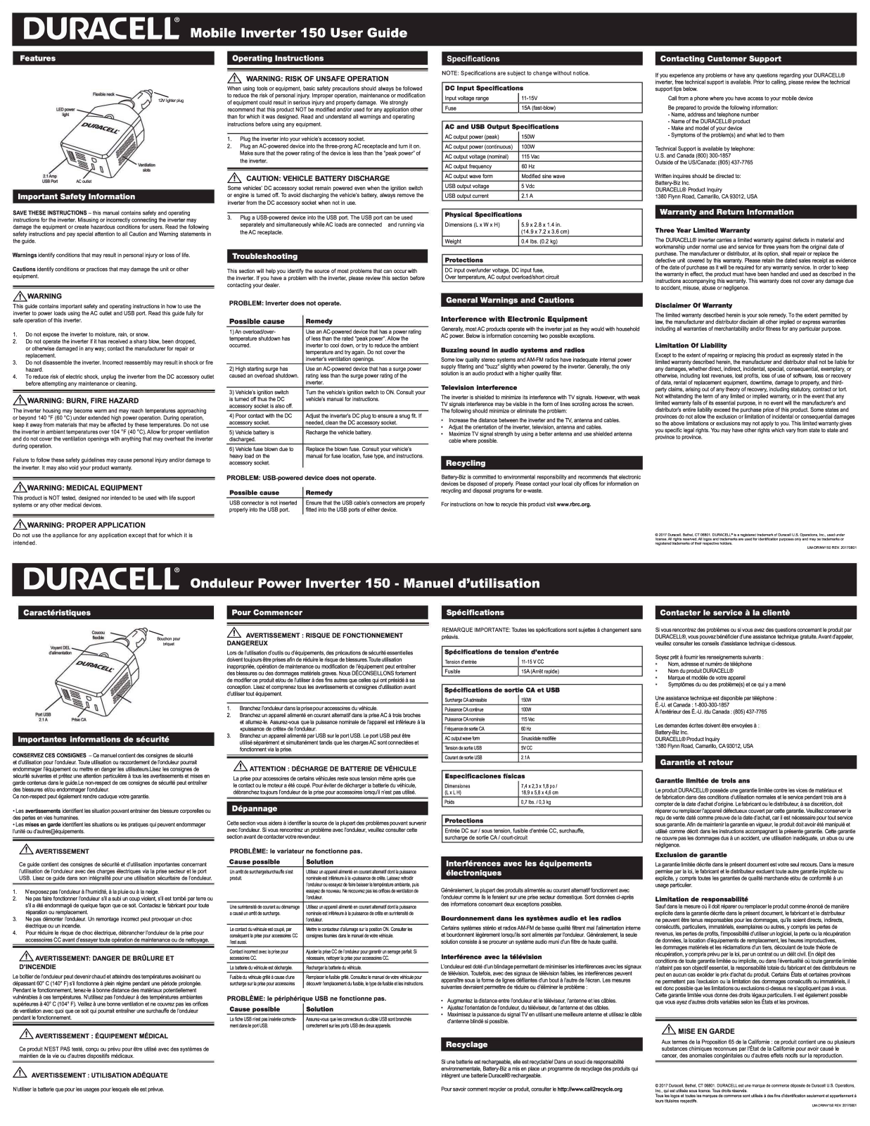 Duracell Mobile Inverter 150 User Manual