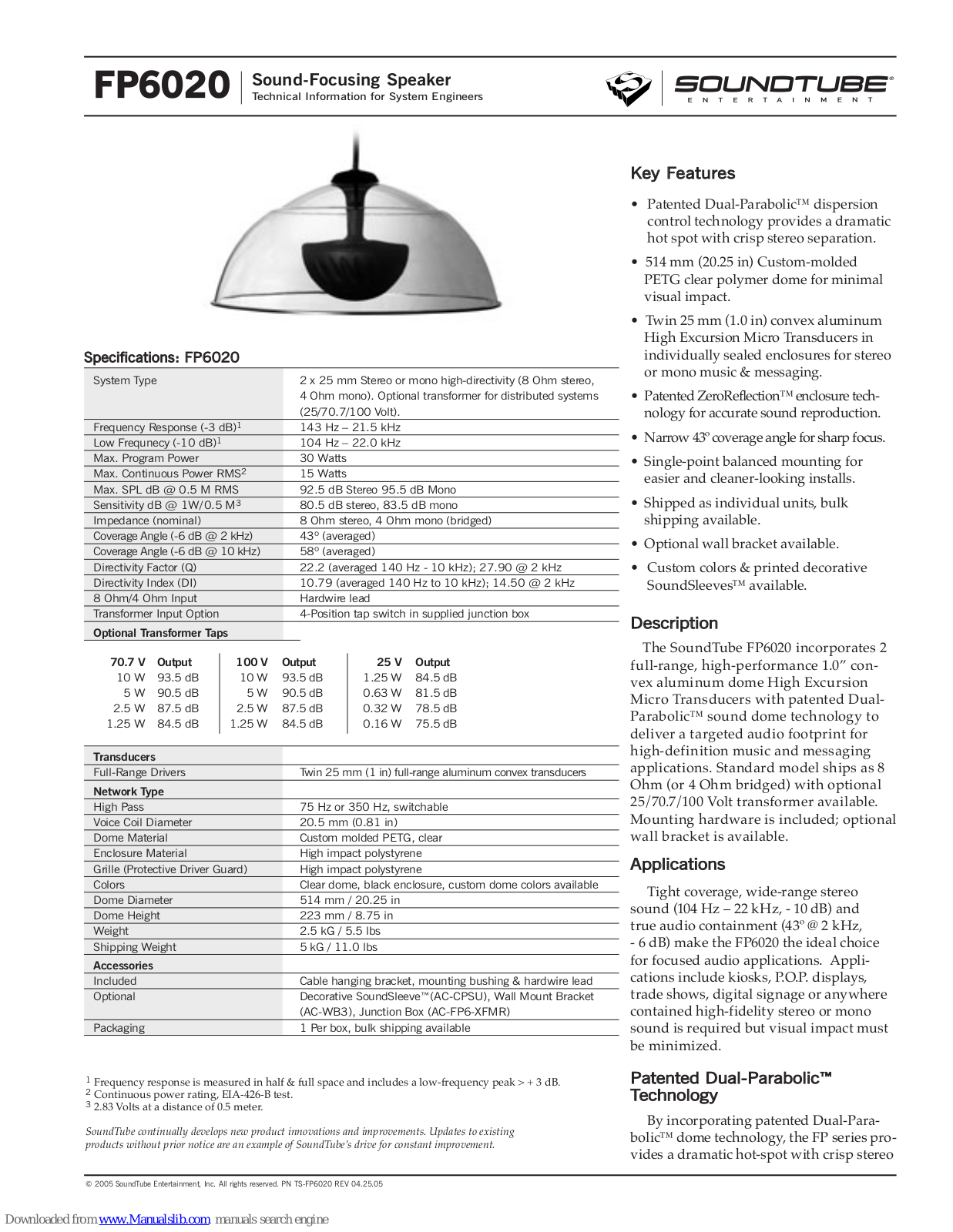 SoundTube Sound-Focusing Speaker FP6020 Specifications