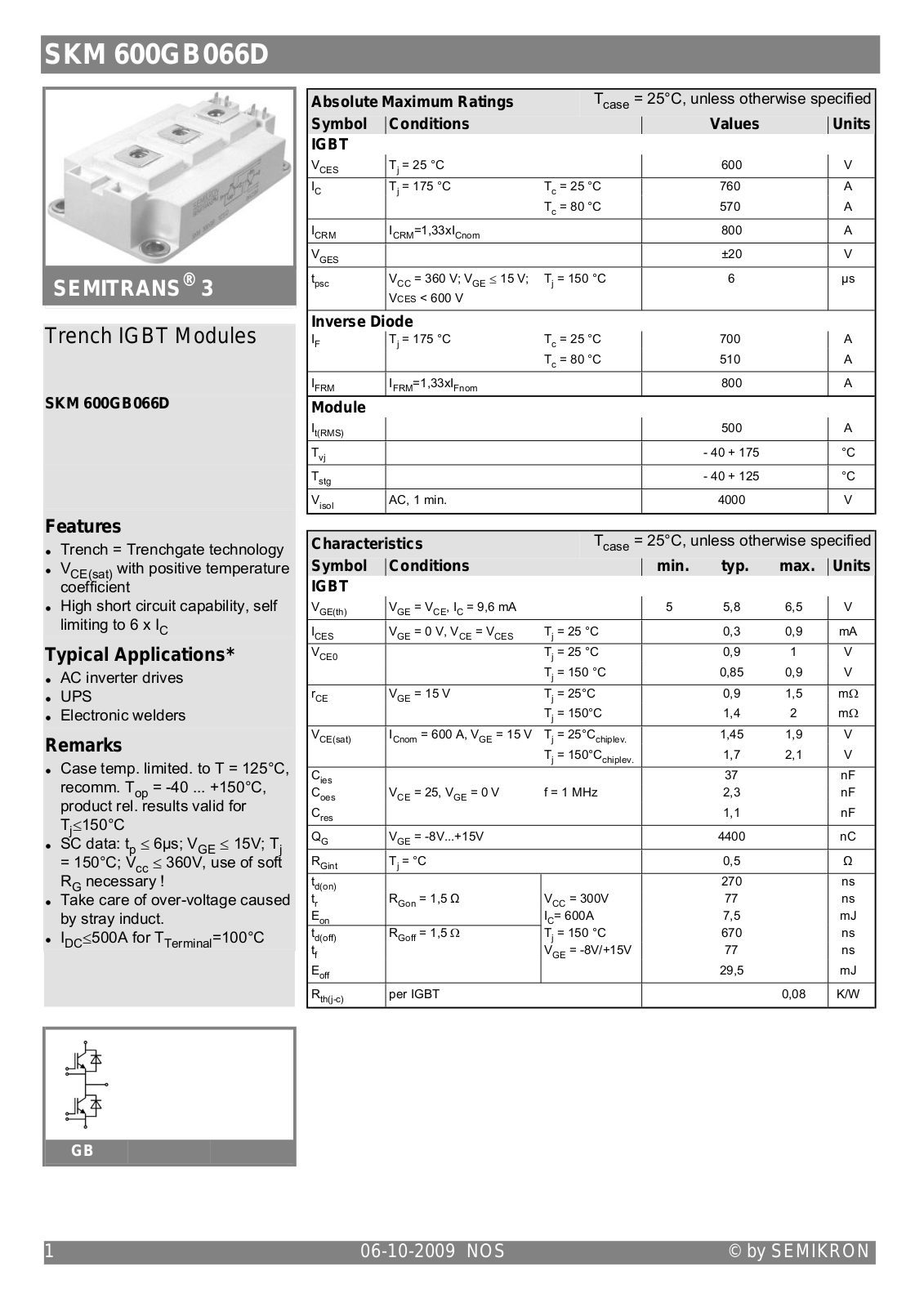 Semikron SKM600GB066D Data Sheet