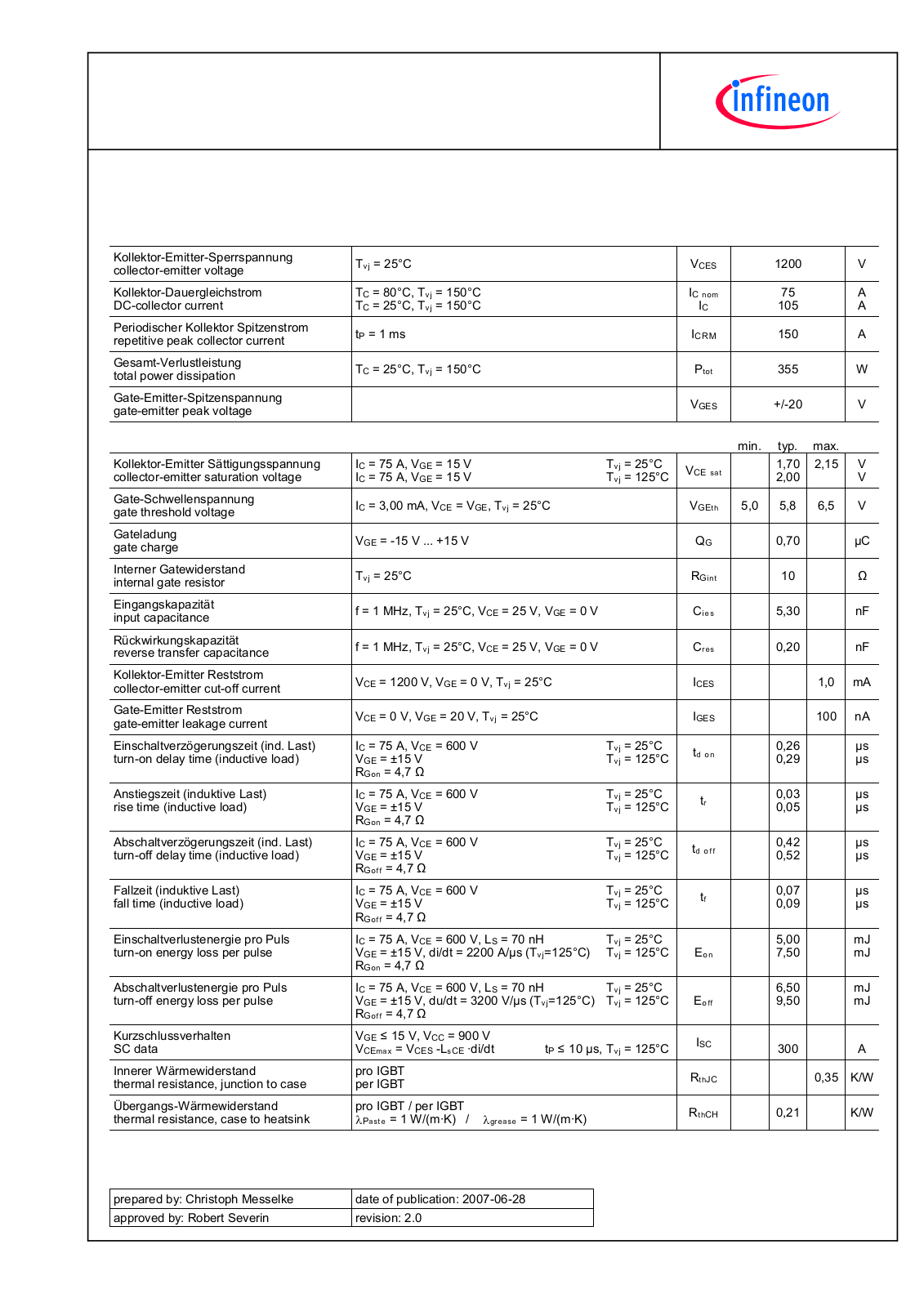 Infineon FS75R12KE3-B9 Data Sheet