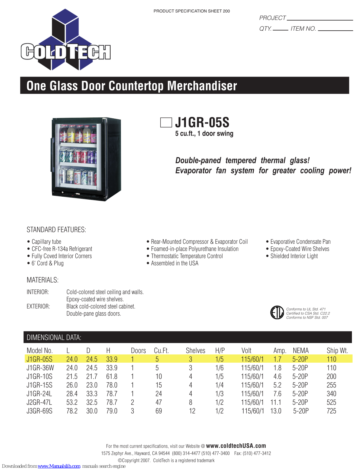 ColdTech J1GR-05S Specifications - ManualMachine.com