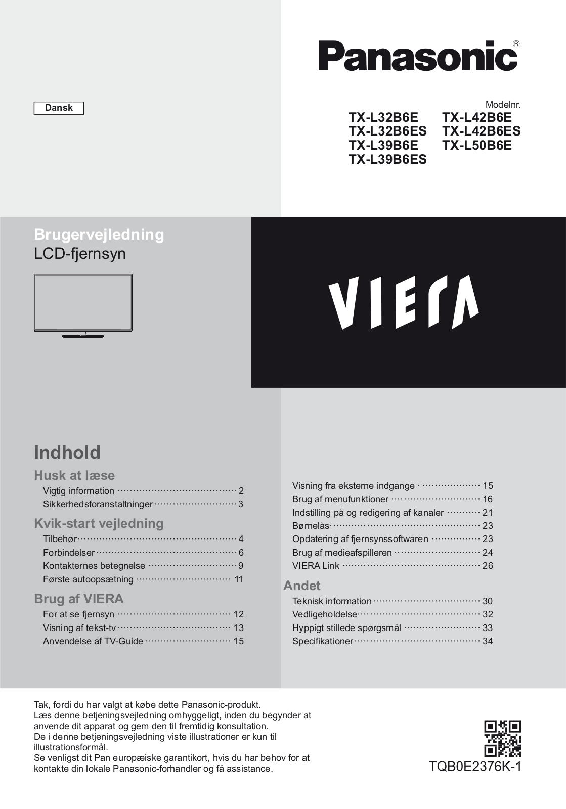 Panasonic TX-L42B6ES, TX-L42B6E, TX-L32B6ES, TX-L39B6E, TX-L39B6ES User Manual