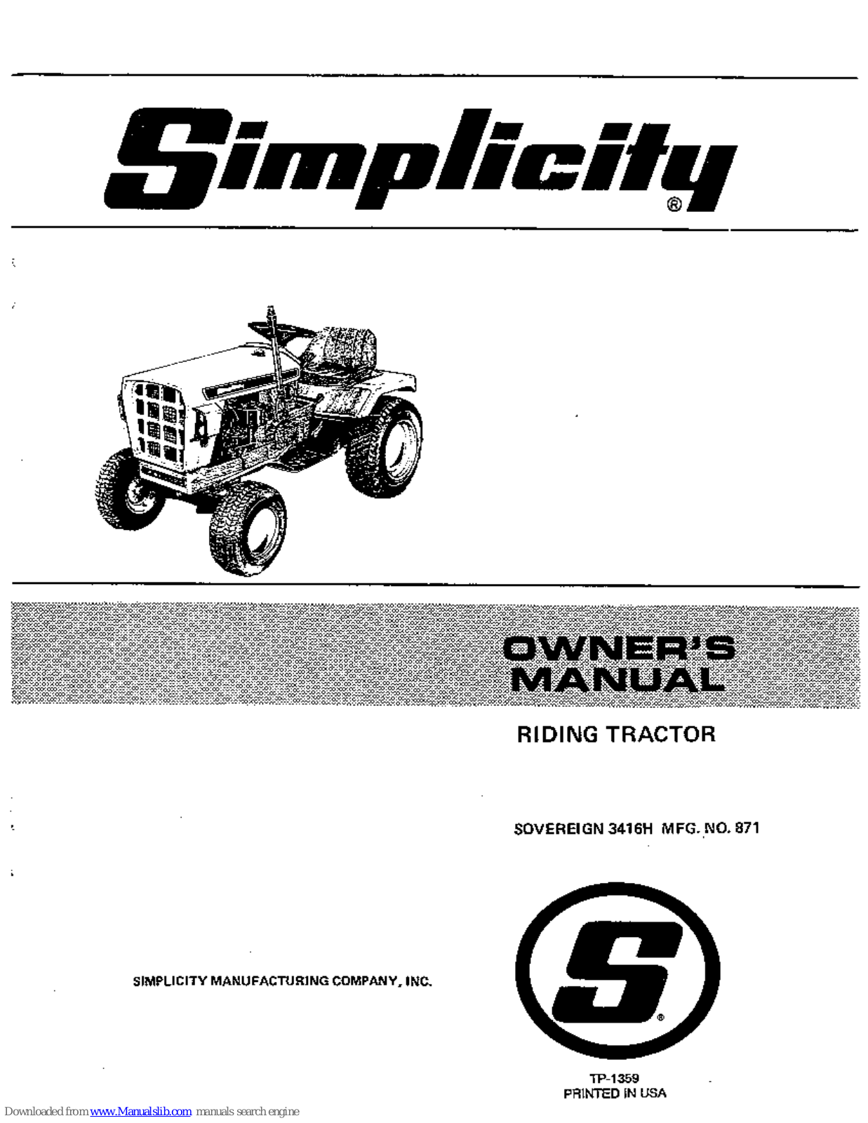 Simplicity Sovereign 3416H Owner's Manual