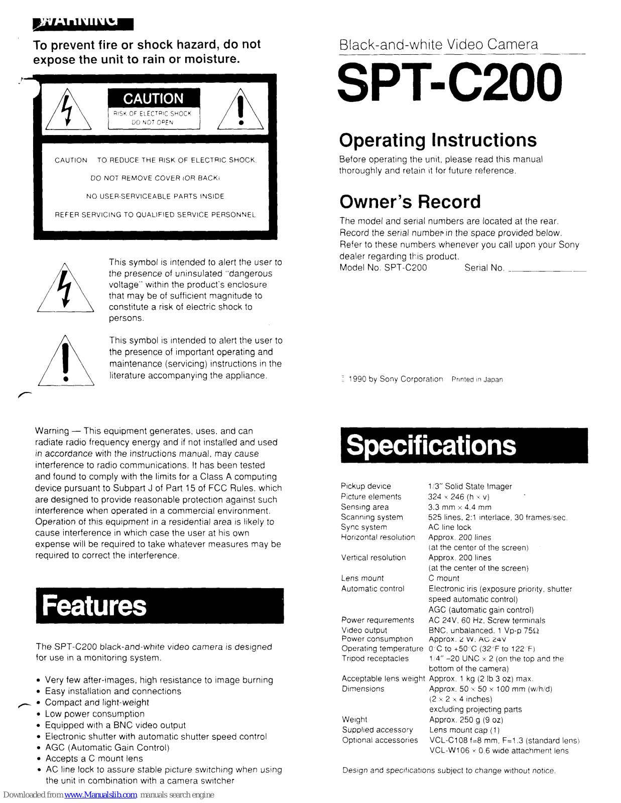 Sony SPT-C200 Operating Instructions Manual