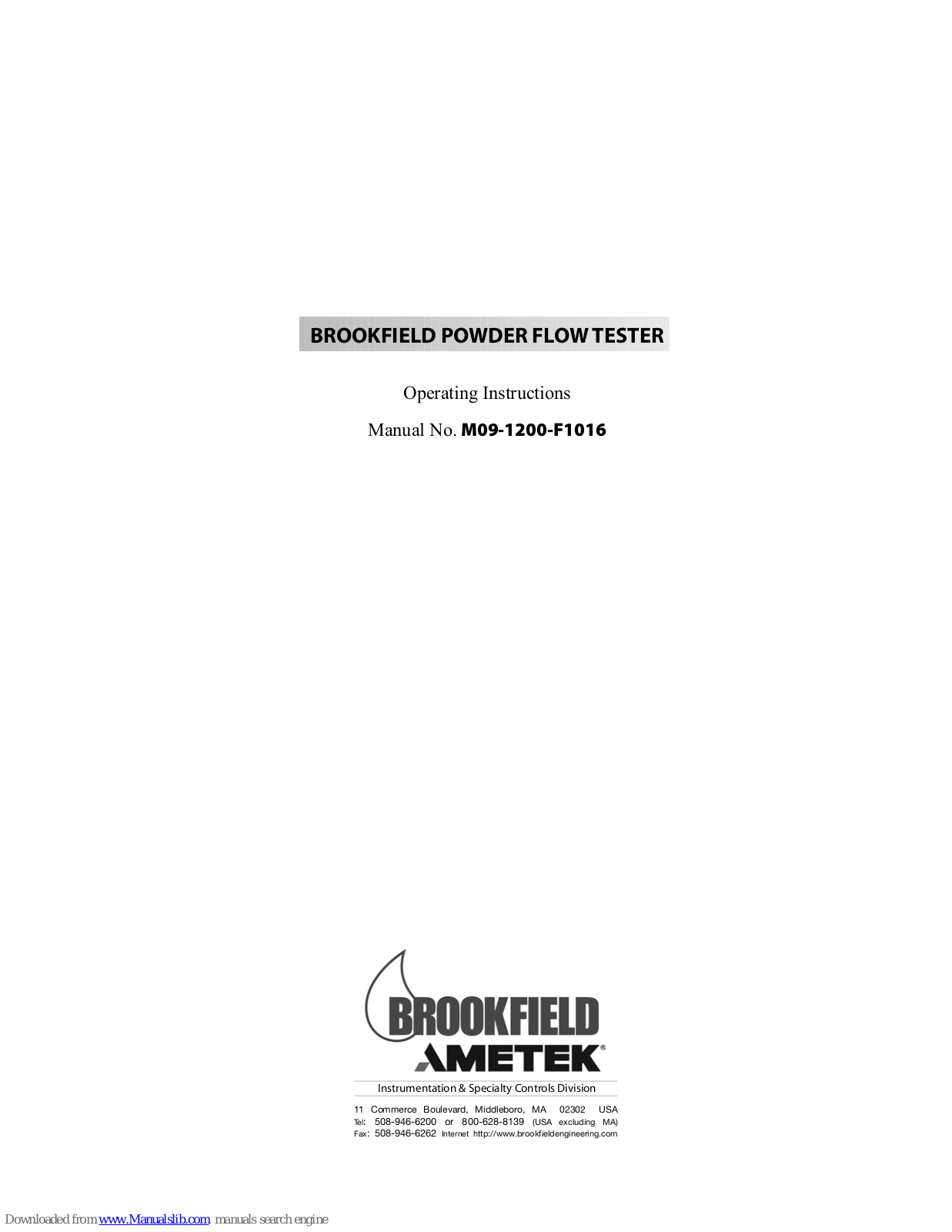 Brookfield PFT Powder Flow Tester, PFT3230, PFT3115 Operating Instructions Manual