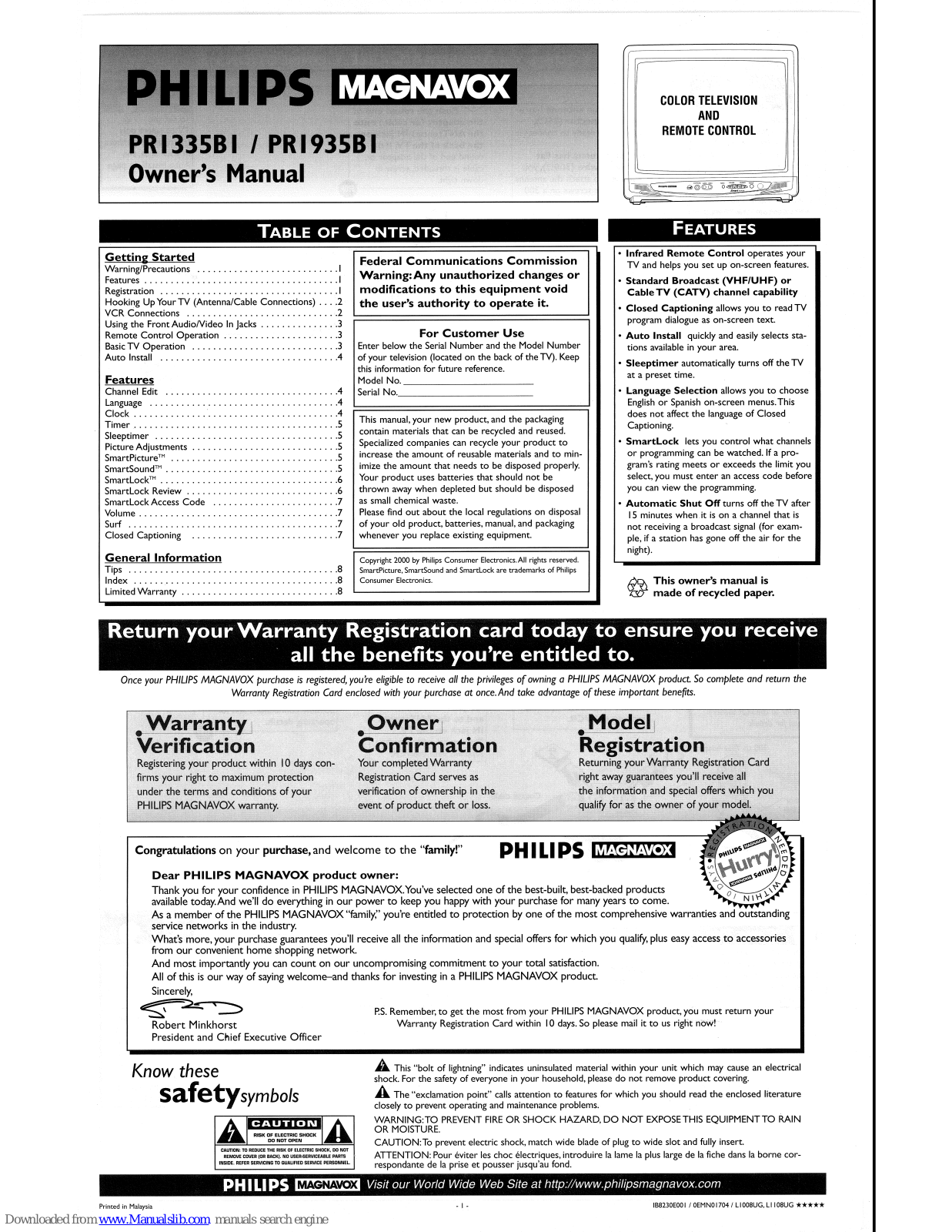 Philips/Magnavox PR1935BI, PR1335B, PR1935B, 20I-19V-MONO PR1935B, PR1335B1 Owner's Manual