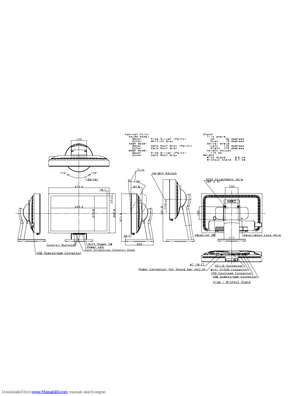 NEC MultiSync LCD2070WNX, MultiSync LCD2070WNX-BK Dimensional Drawing - ManualMachine.com