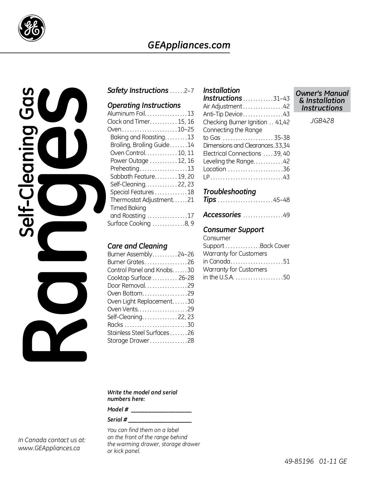 GE JGB428SERSS Use & Care Guide