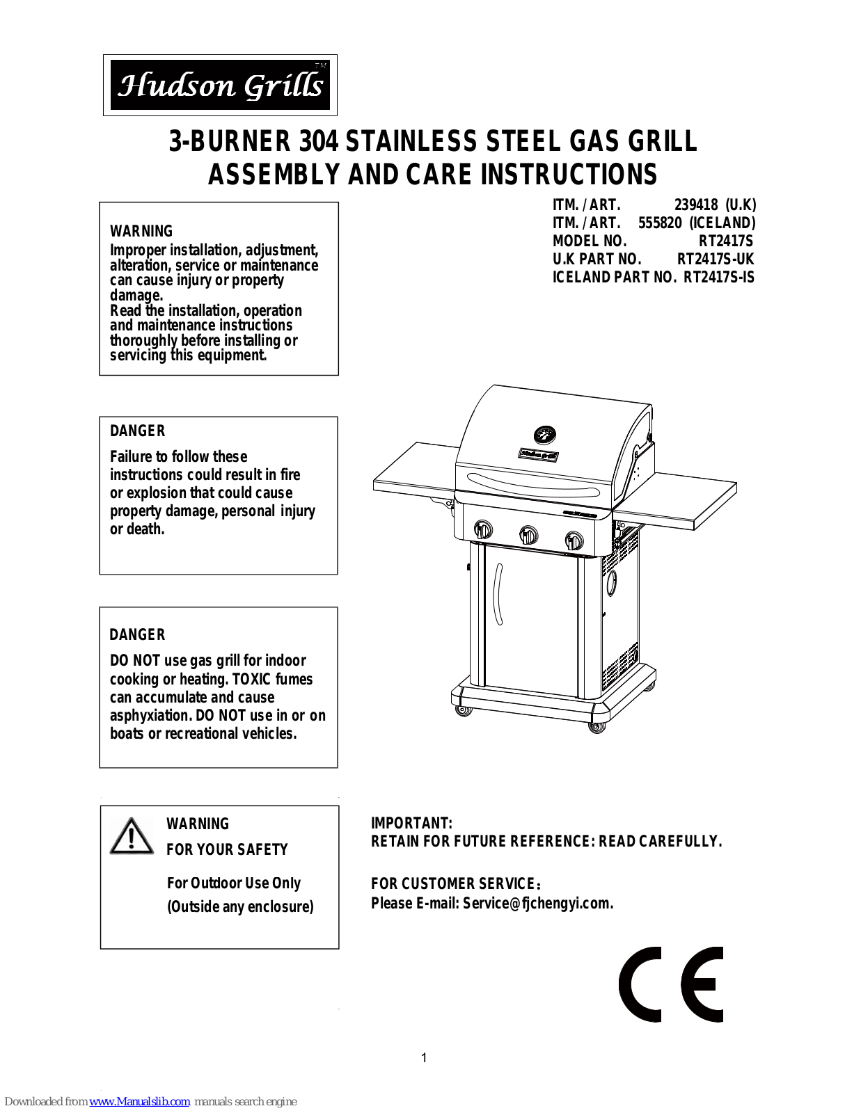 Hudson RT2417S, 239418 Assembly, And Care Manual