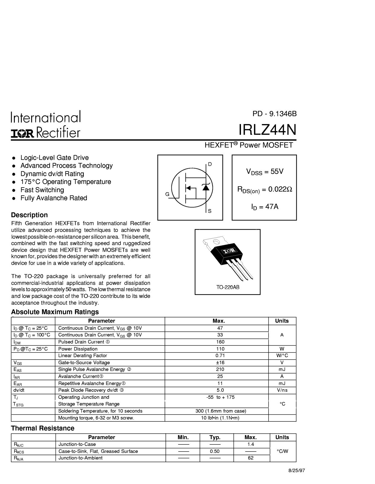 International Rectifier IRLZ44N Datasheet