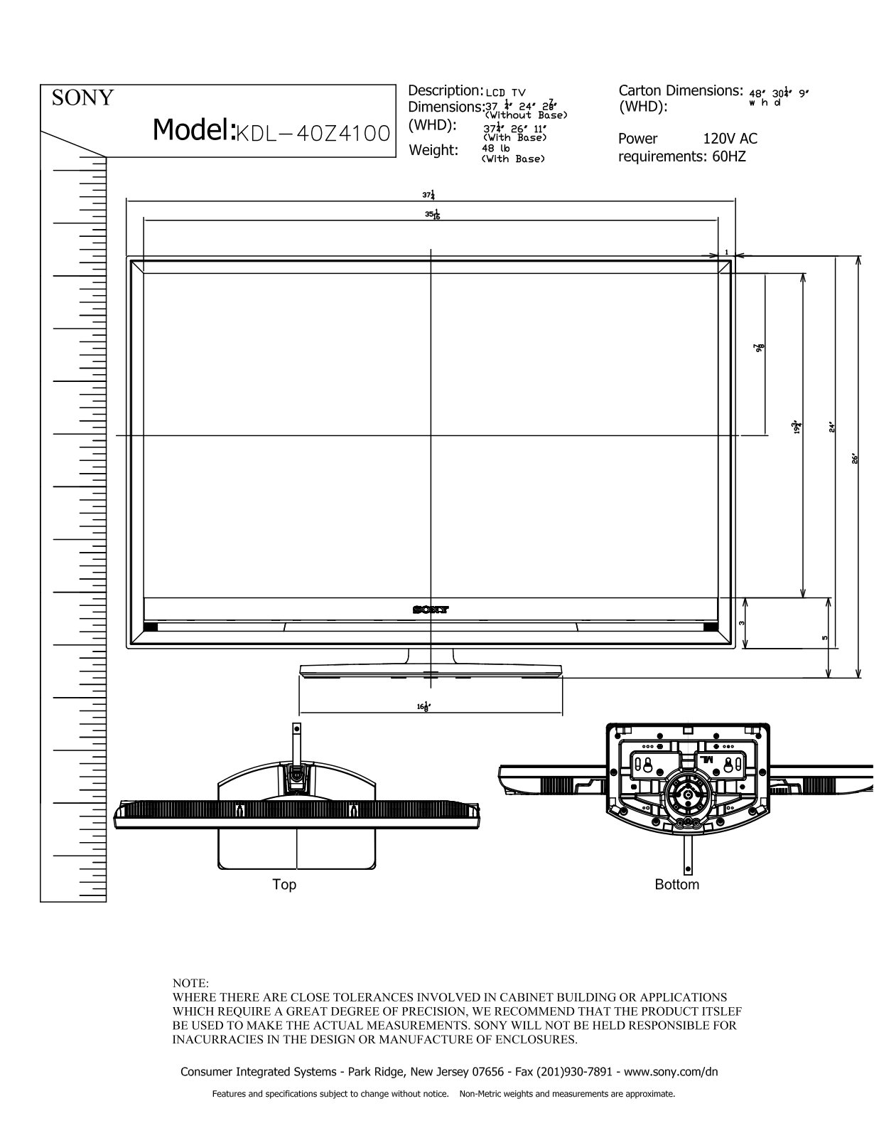 Sony KDL-40Z4100 Dimensions Diagram