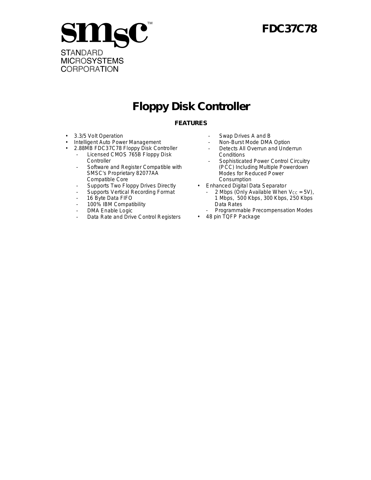 Standard Microsystems Corporation FDC37C78 Datasheet