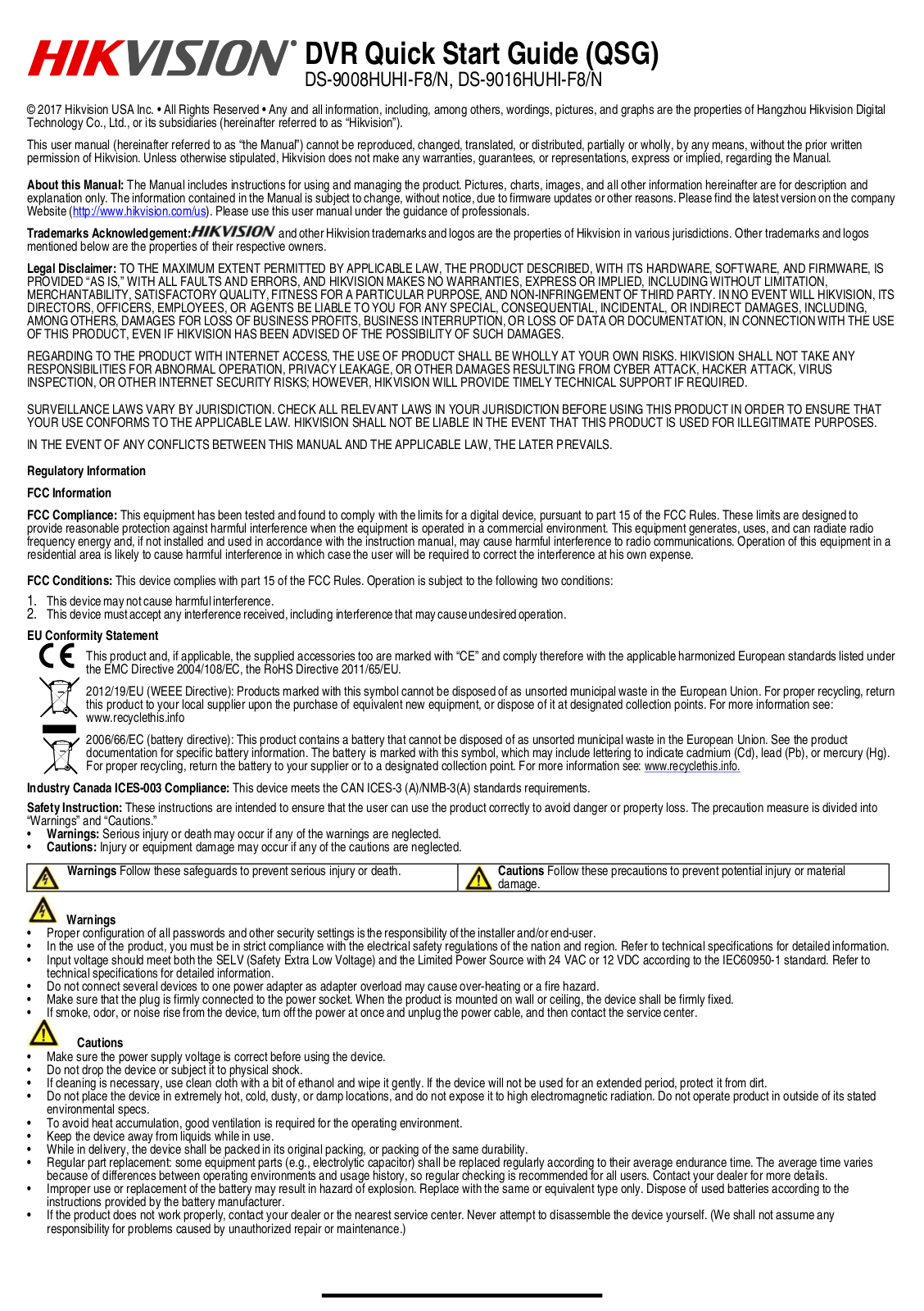 Hikvision DS-9008HUHI-F8-N-3TB, DS-9016HUHI-F8-N-3TB Quick Start Guide