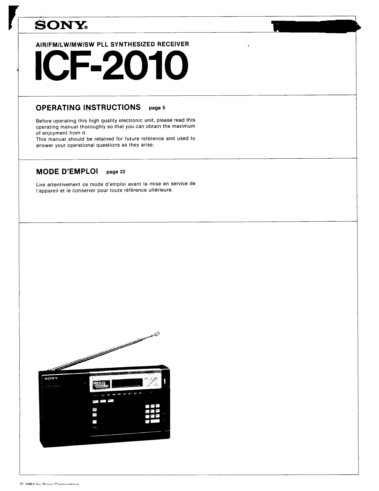 Sony ICF-2010 User Manual