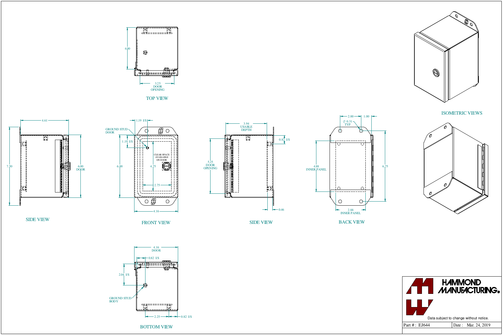 Hammond Manufacturing EJ644 technical drawings