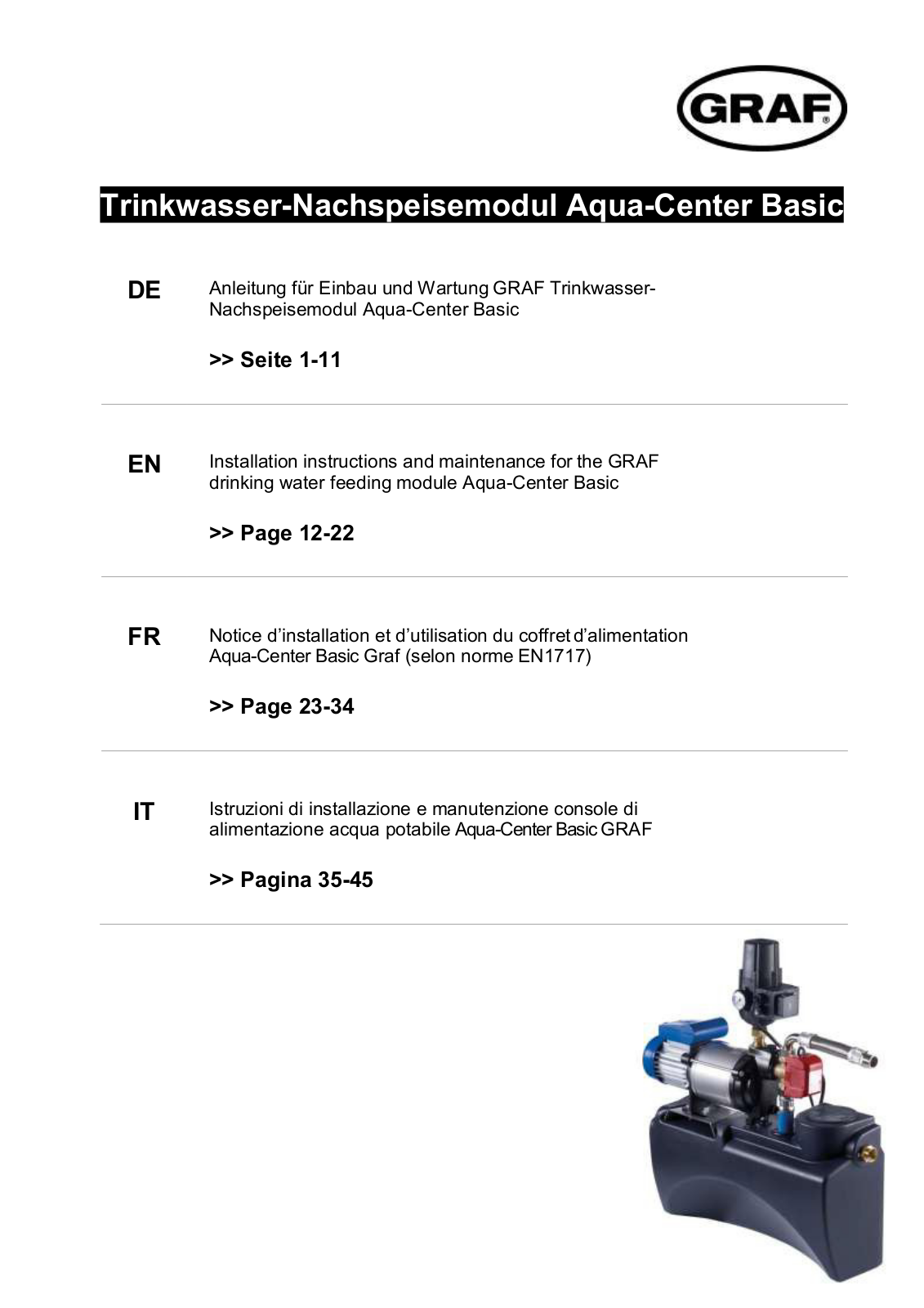 Graf Aqua-Center Basic Series, Aqua-Center Basic 15/4, Aqua-Center Basic 25/4 Installation Instructions And Maintenance