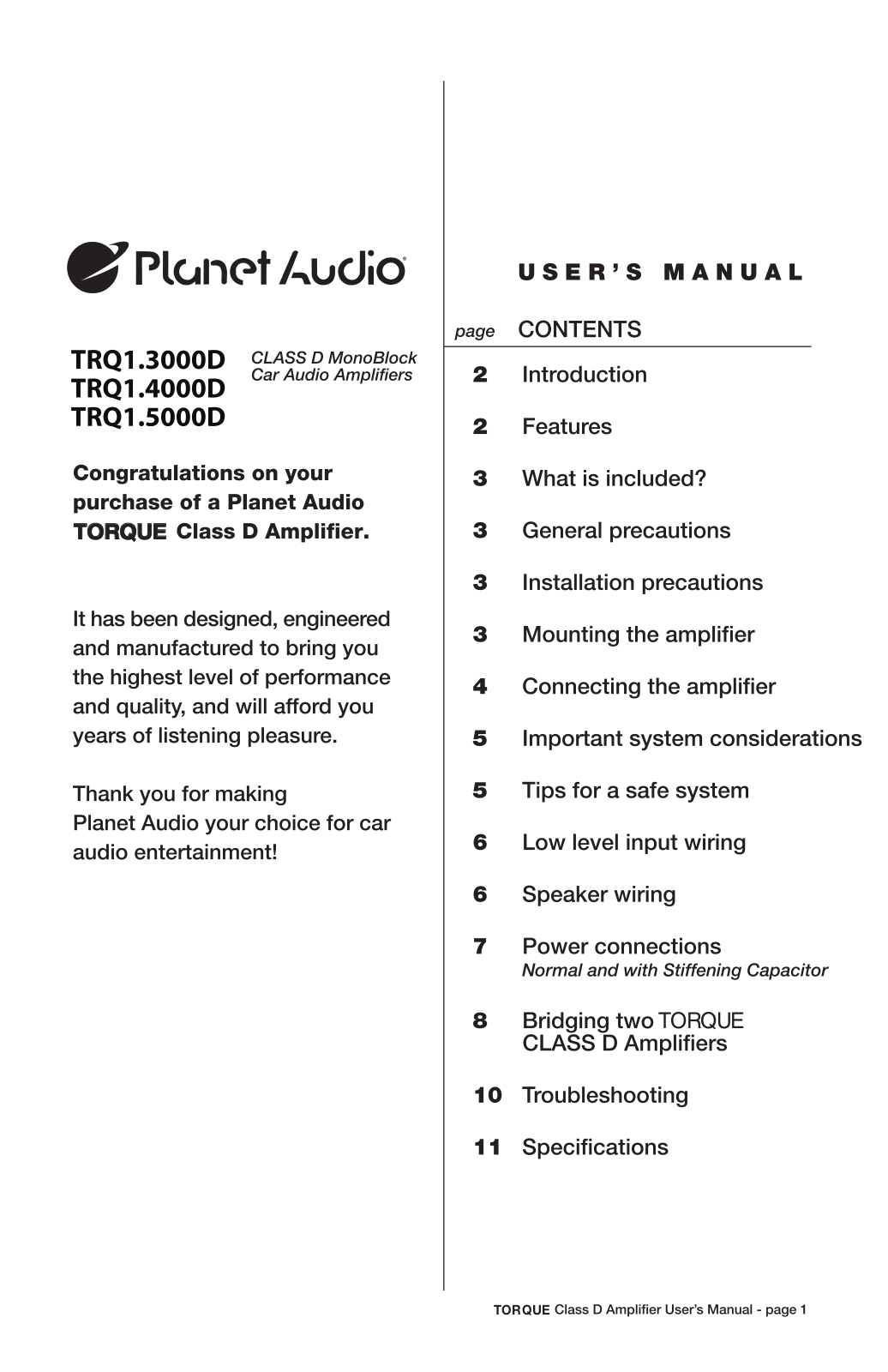 Planet Audio TRQ1.3000D, TRQ1.4000D, TRQ1.5000D User Manual