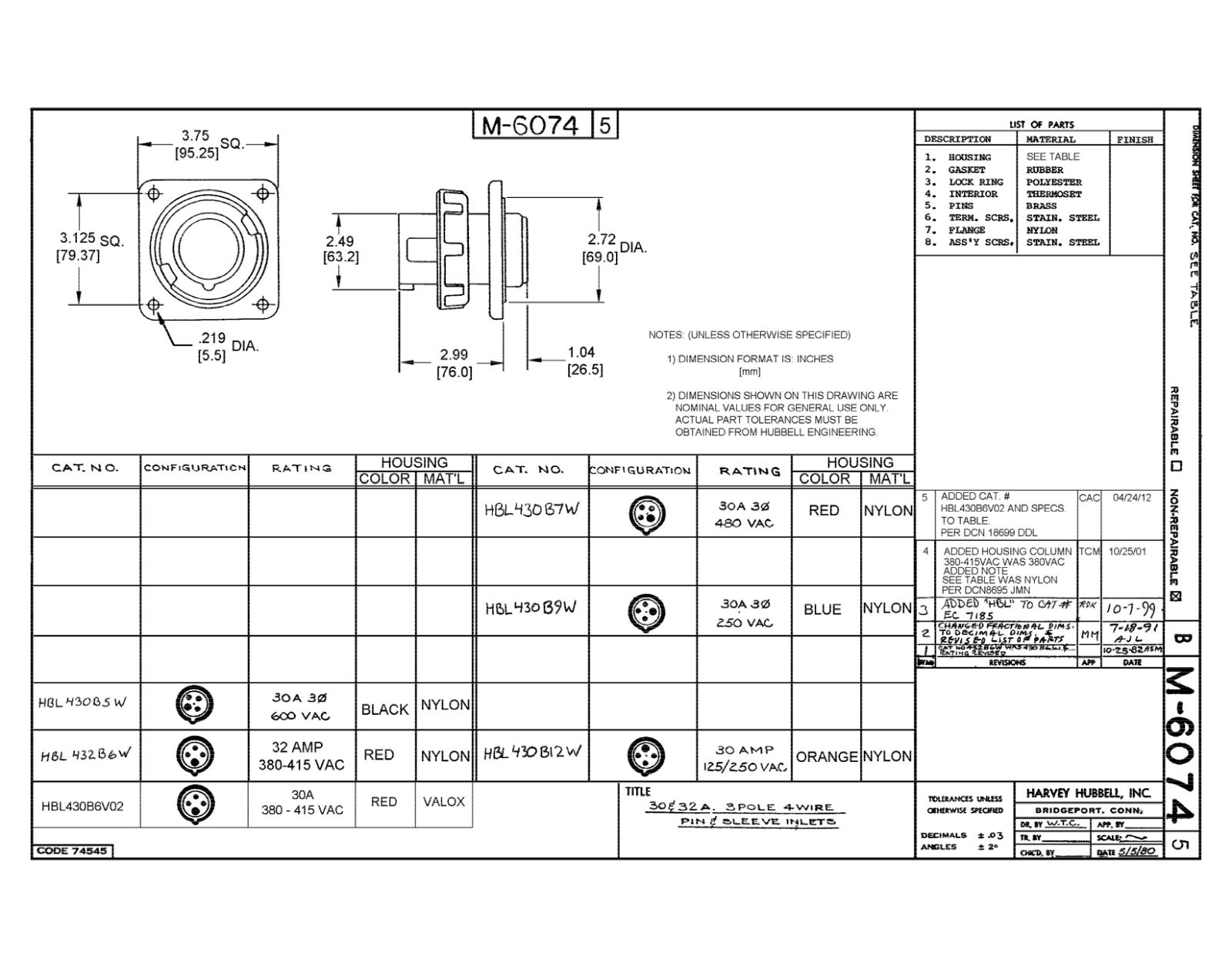 Hubbell HBL430B12W Reference Drawing