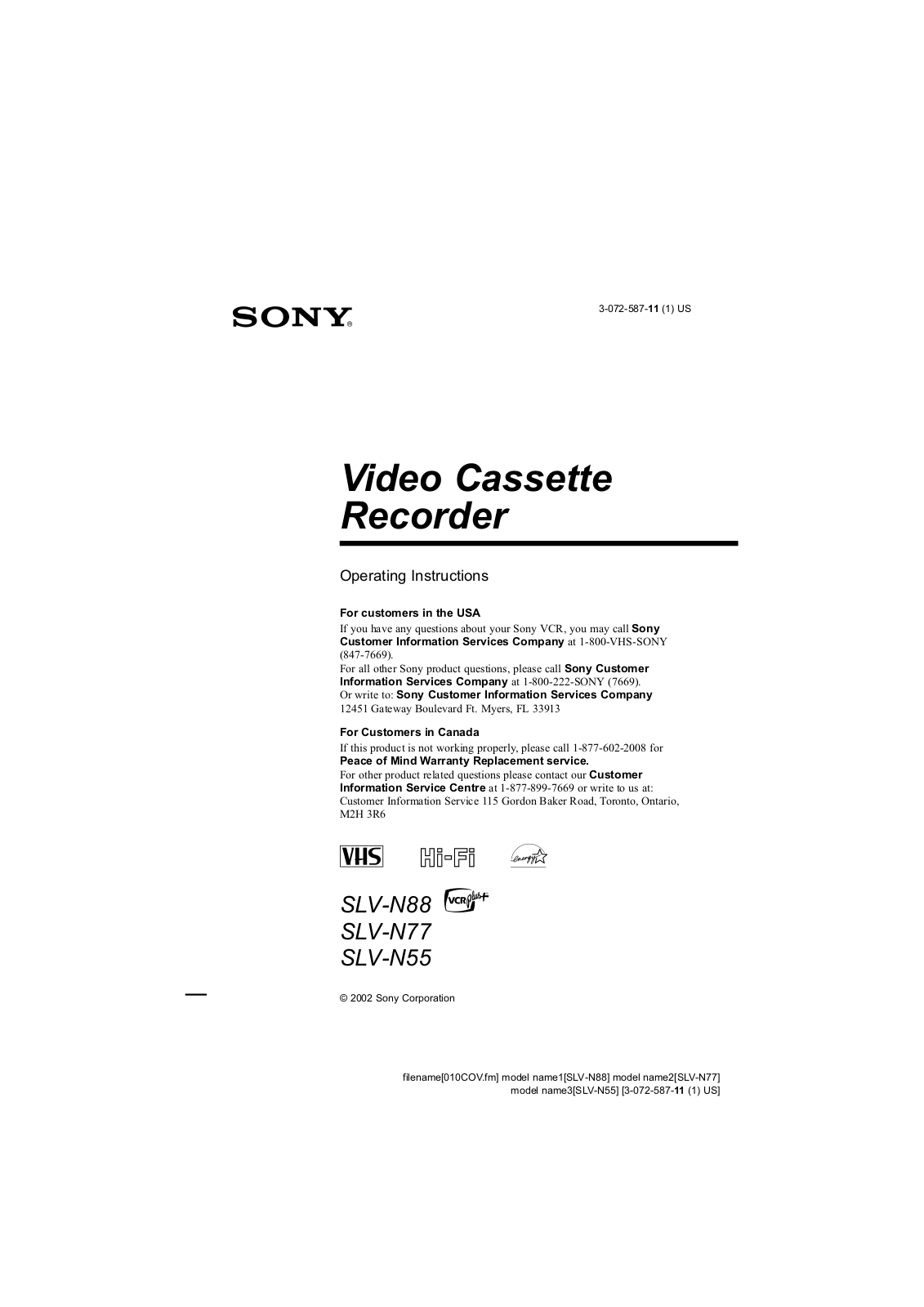 Sony SL-VN77 User Manual