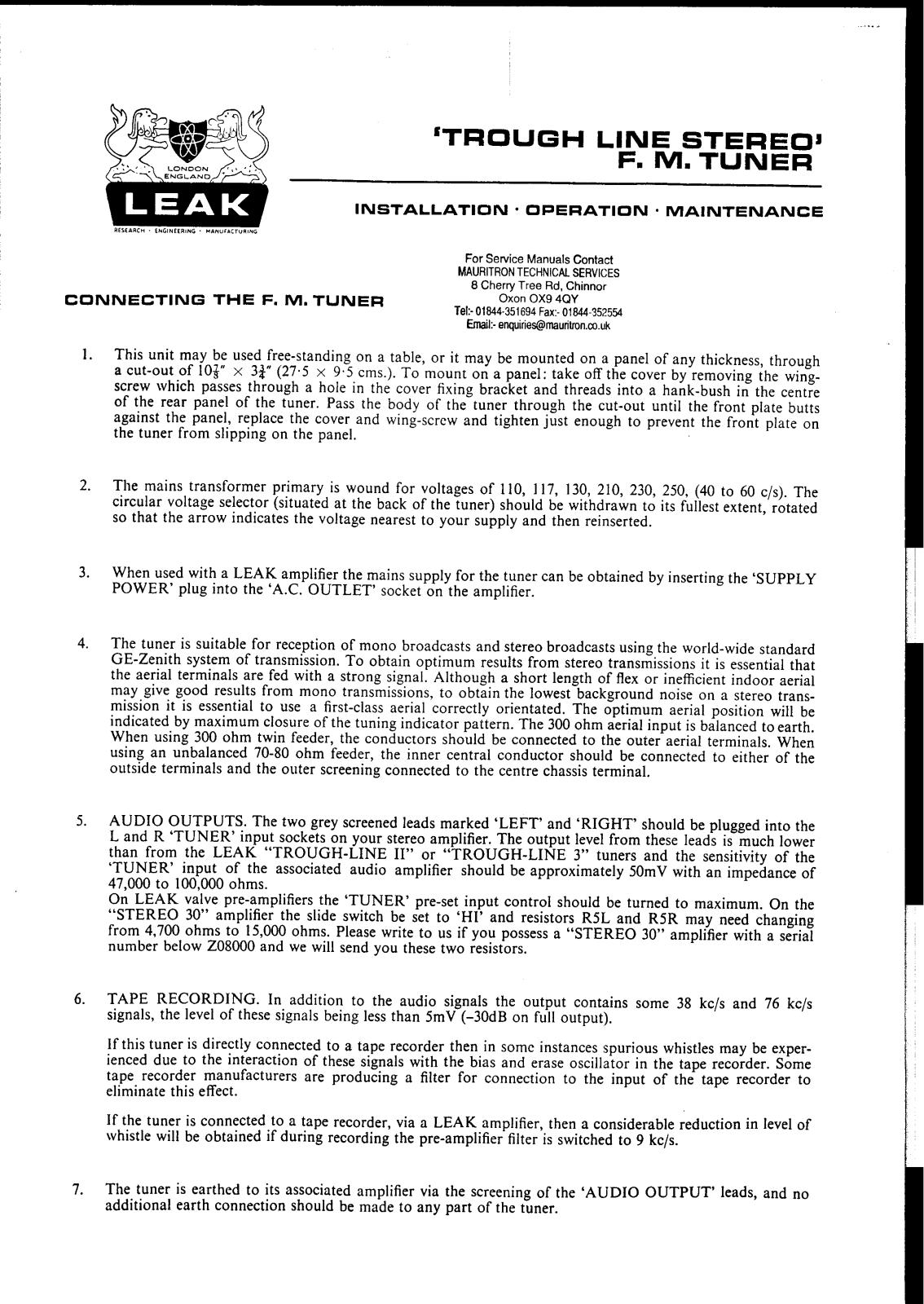 Leak Trough Line 1 Owners manual