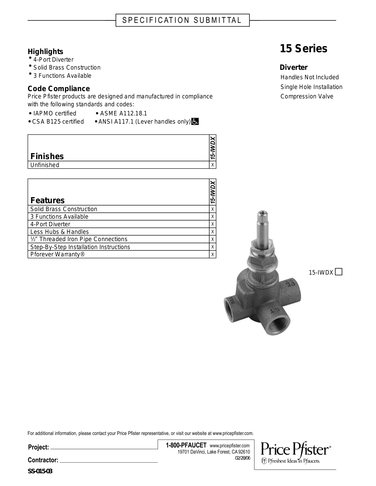 Pfister PPR2106 Specifications - ManualMachine.com