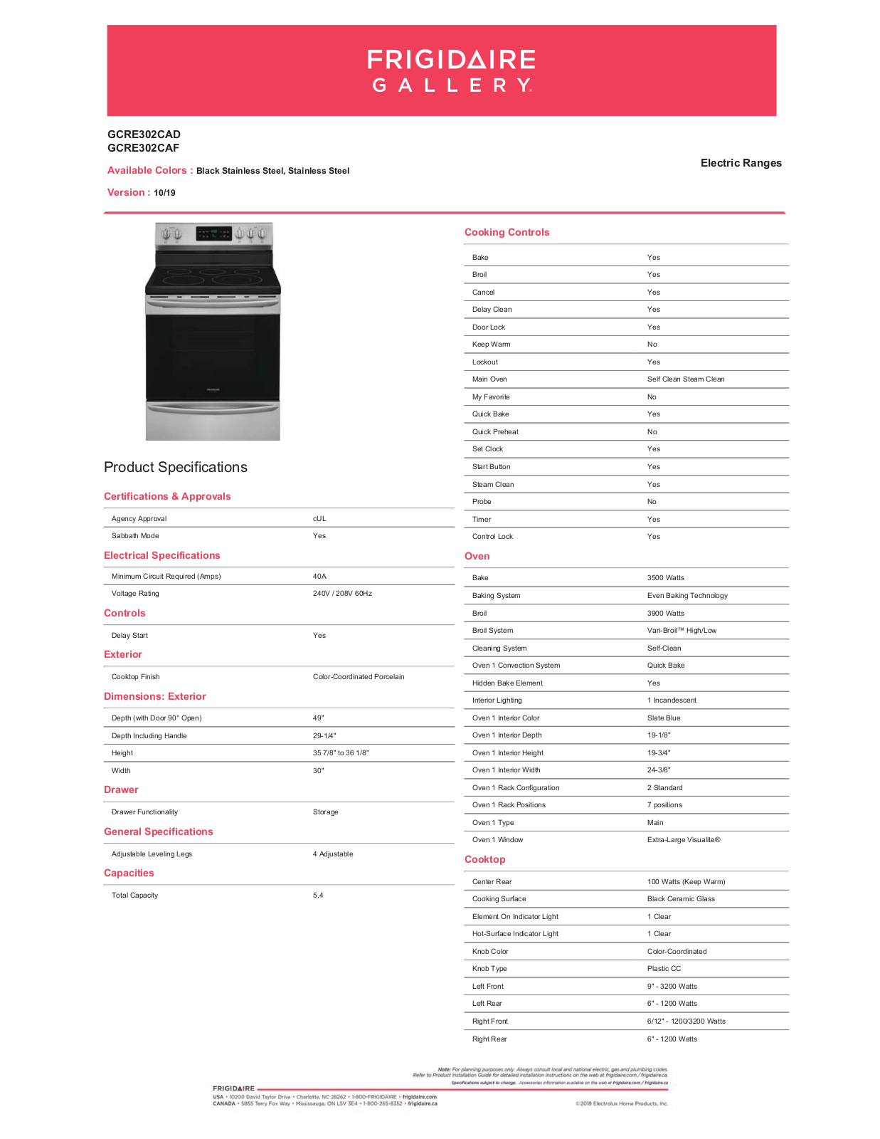 Frigidaire GCRE302CAD, GCRE302CAF PRODUCT SPECIFICATIONS
