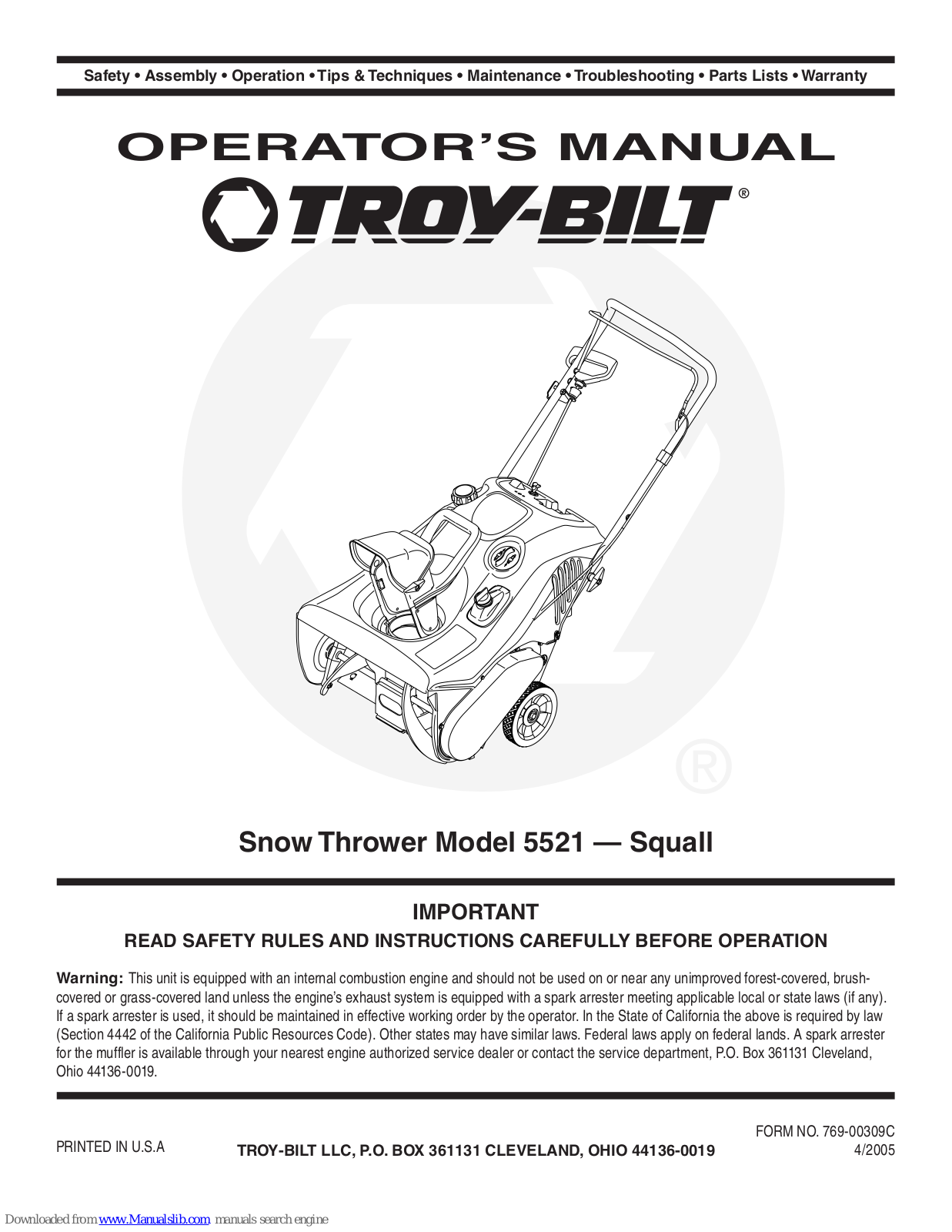 Troy-Bilt Squall 5521 Operator's Manual