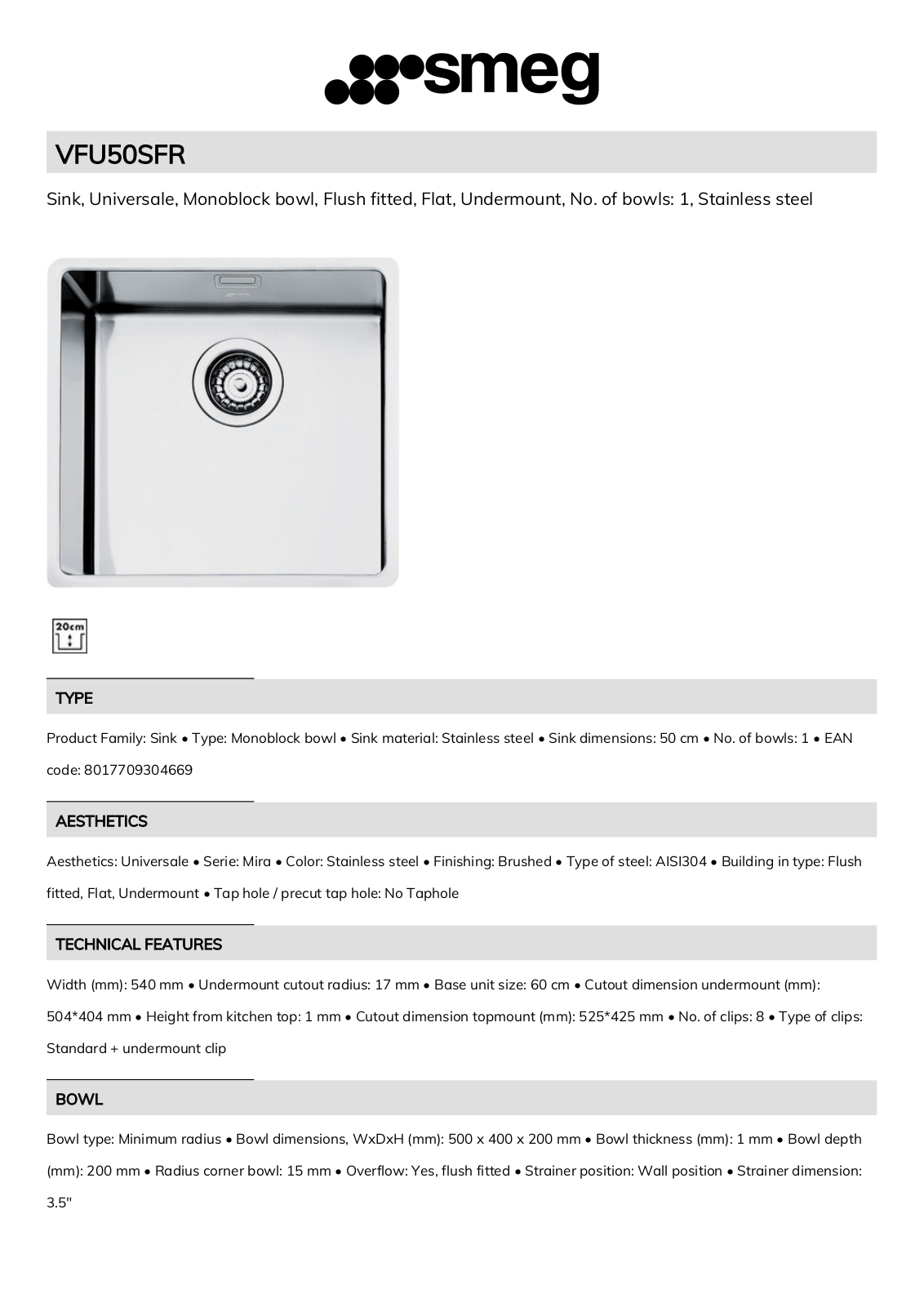 Smeg VFU50SFR Technical sheet