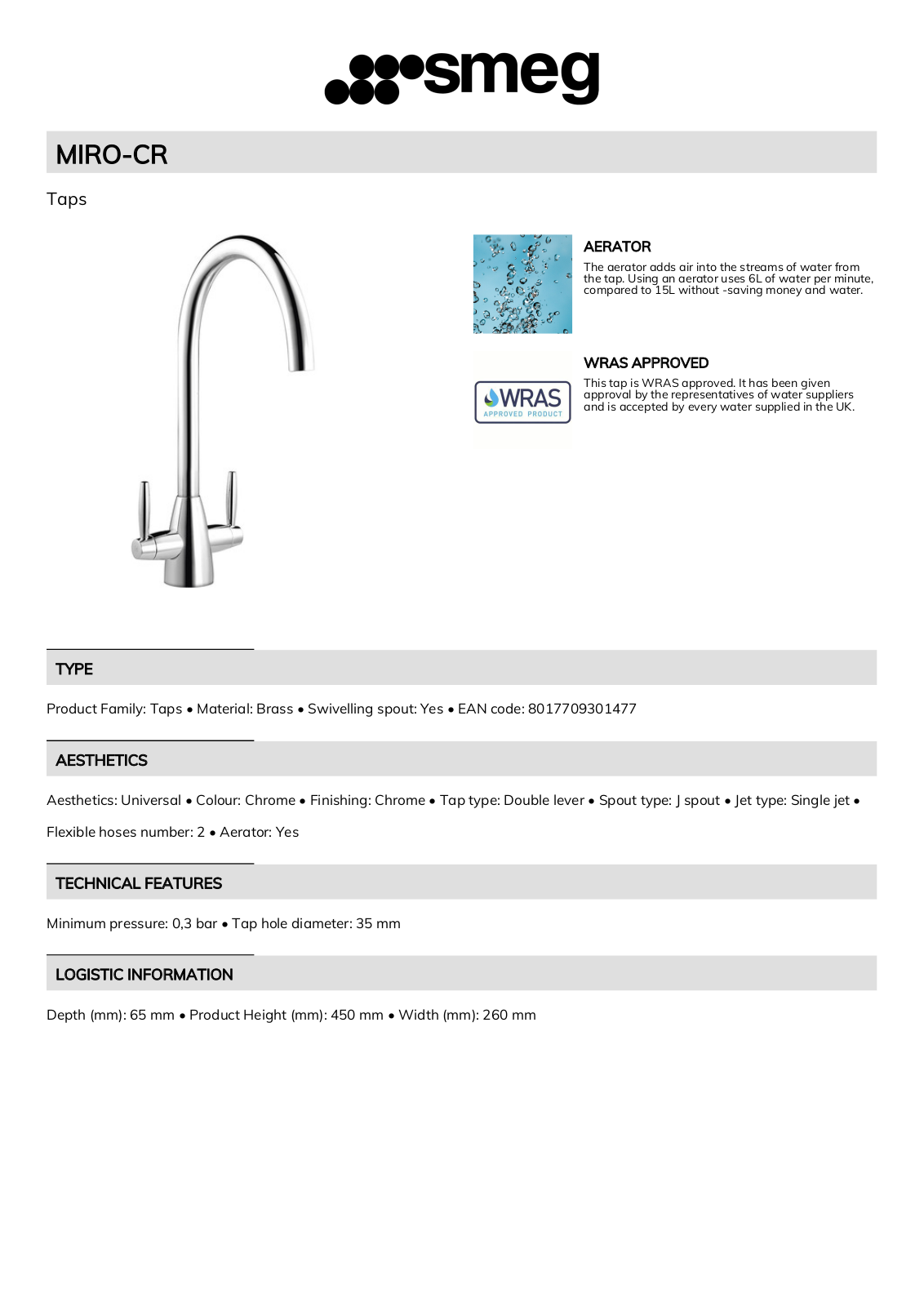 Smeg MIRO-CR Technical sheet