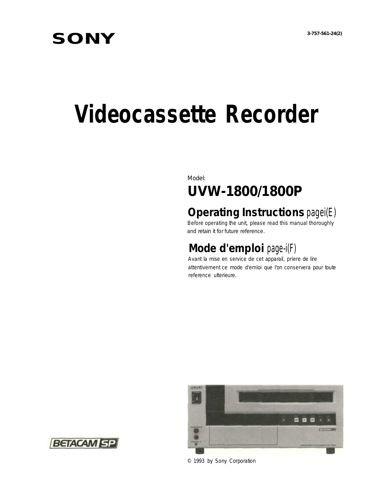 Sony UVW-1800P, UVW-1800 Operating manual