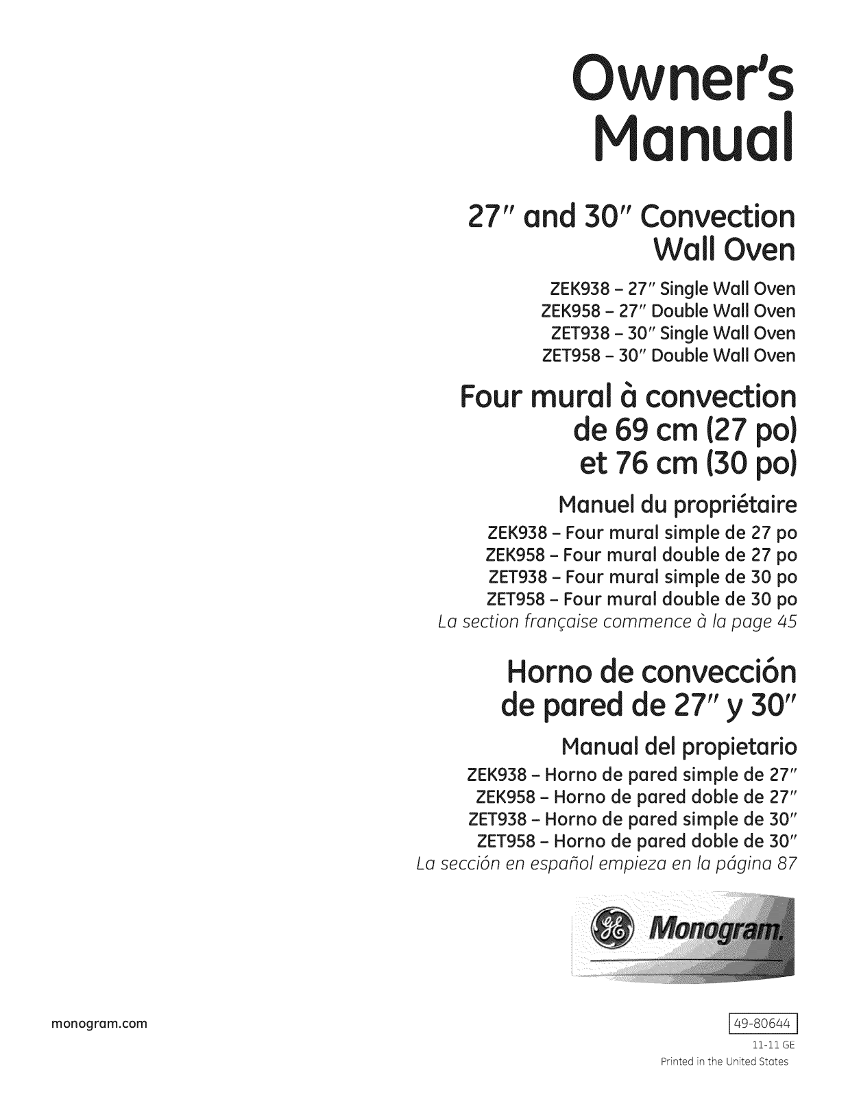 GE ZET958SM2SS, ZET938SM3SS, ZEK958SM5SS, ZET958SM3SS, ZEK938SM3SS Owner’s Manual