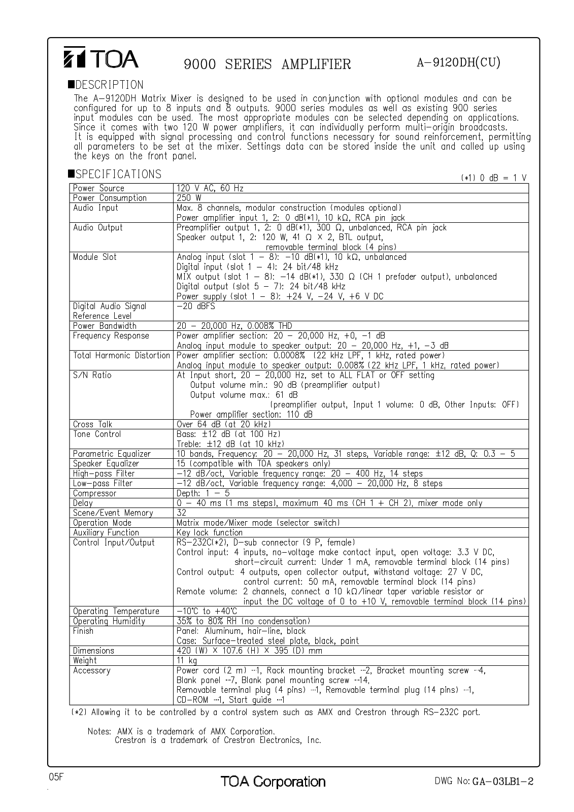 Toa A-9120DH, A-9120DHCU Specifications