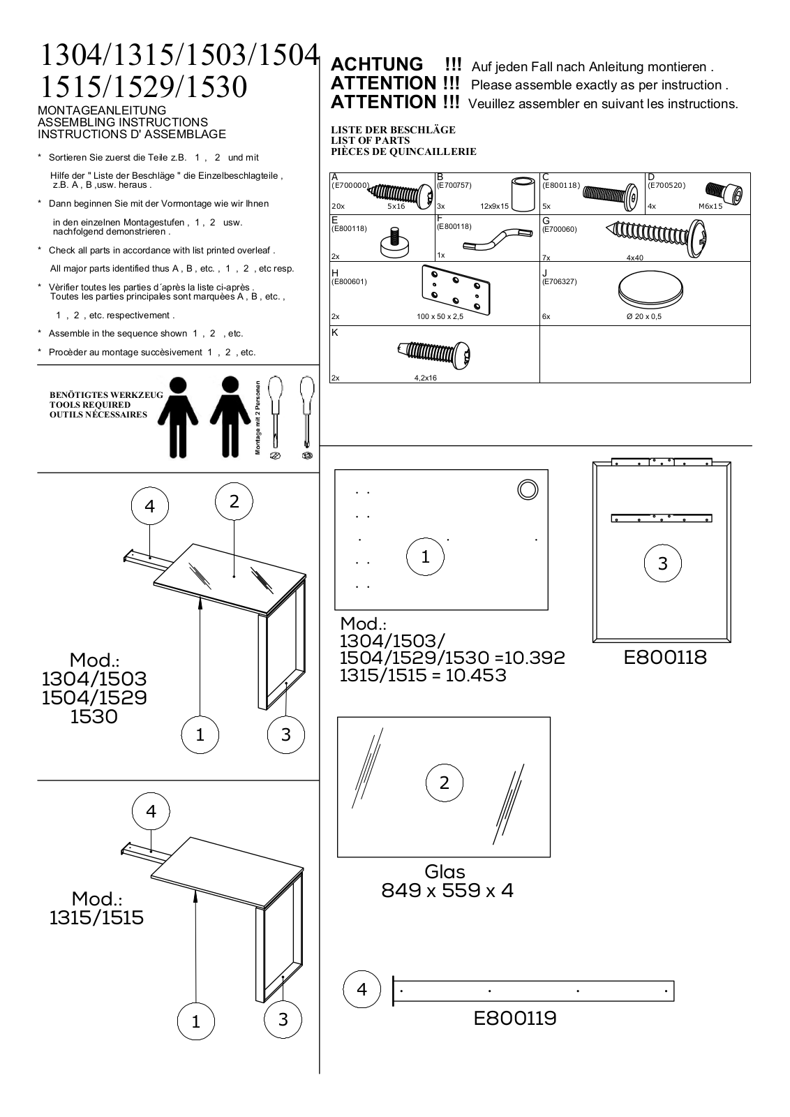 Maja 1304, 1315, 1503, 1504, 1515 Assembly instructions