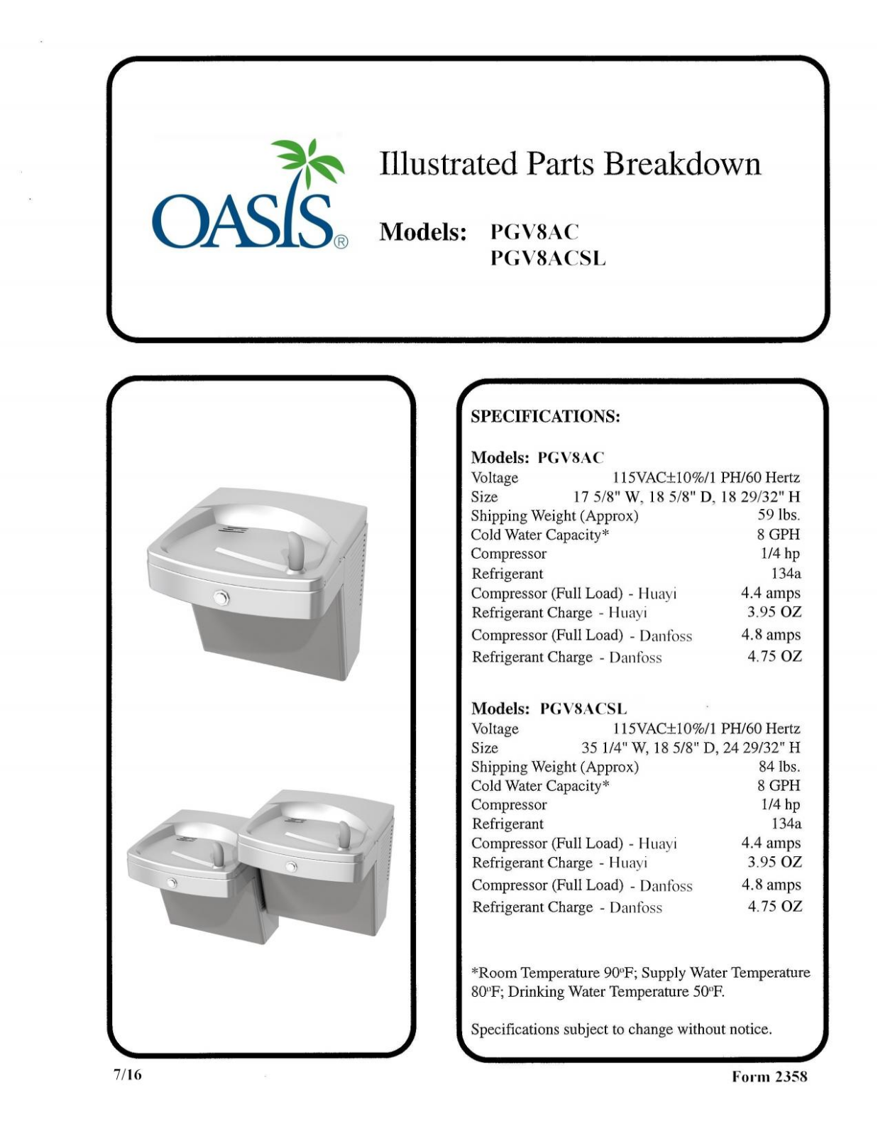 Oasis PGVF8AC PARTS LIST