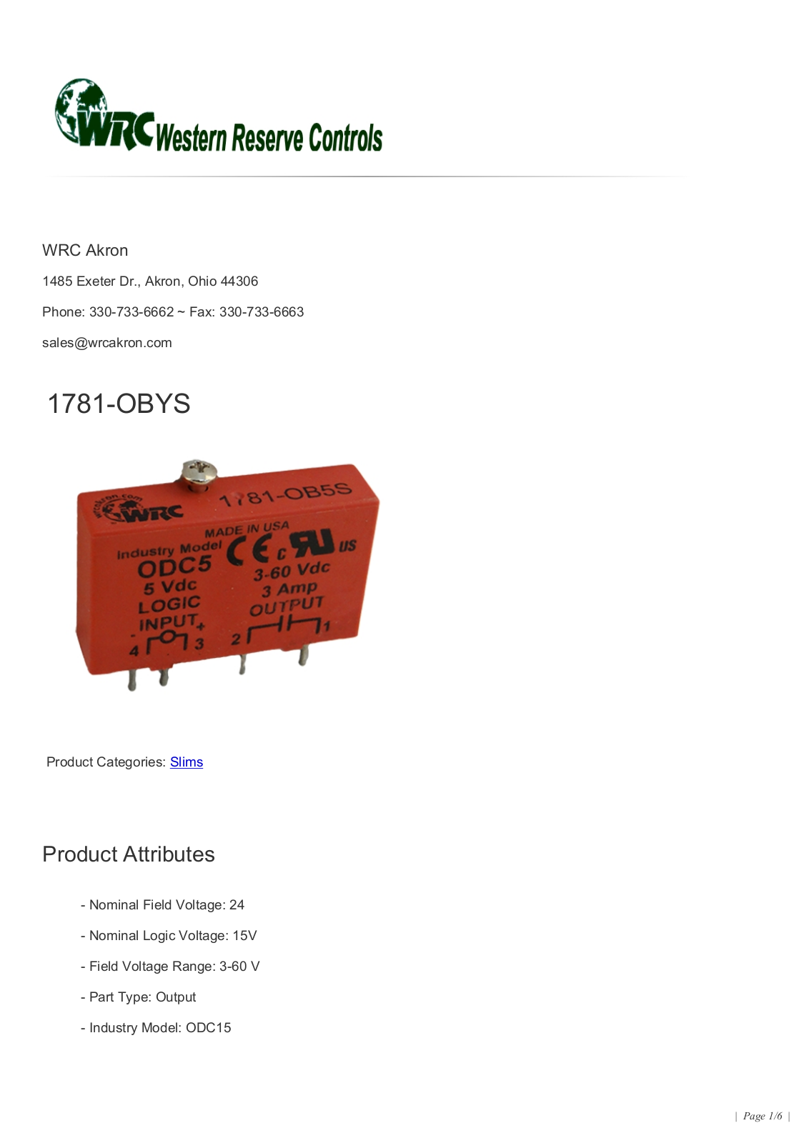 Western Reserve Controls 1781-OBYS Data Sheet