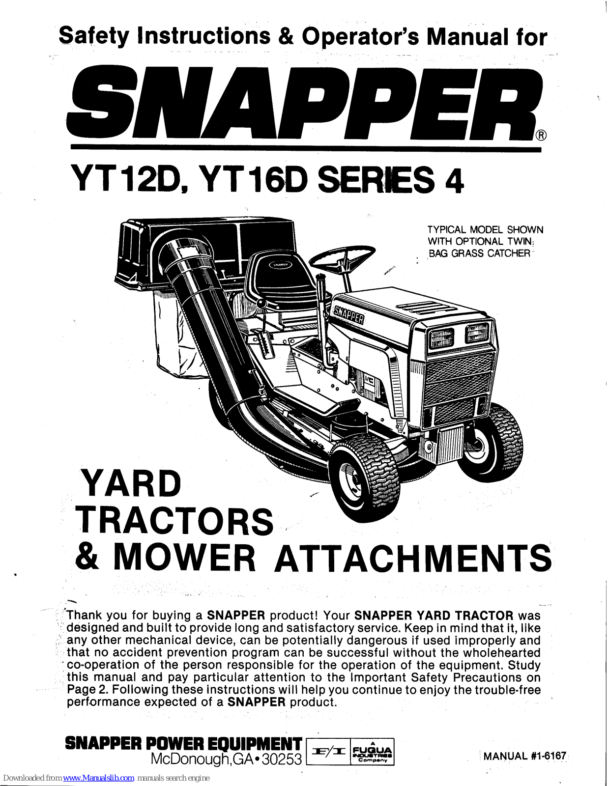 Snapper YT16D Series 4, YT12D Series 4 Safety Instructions & Operator's Manual