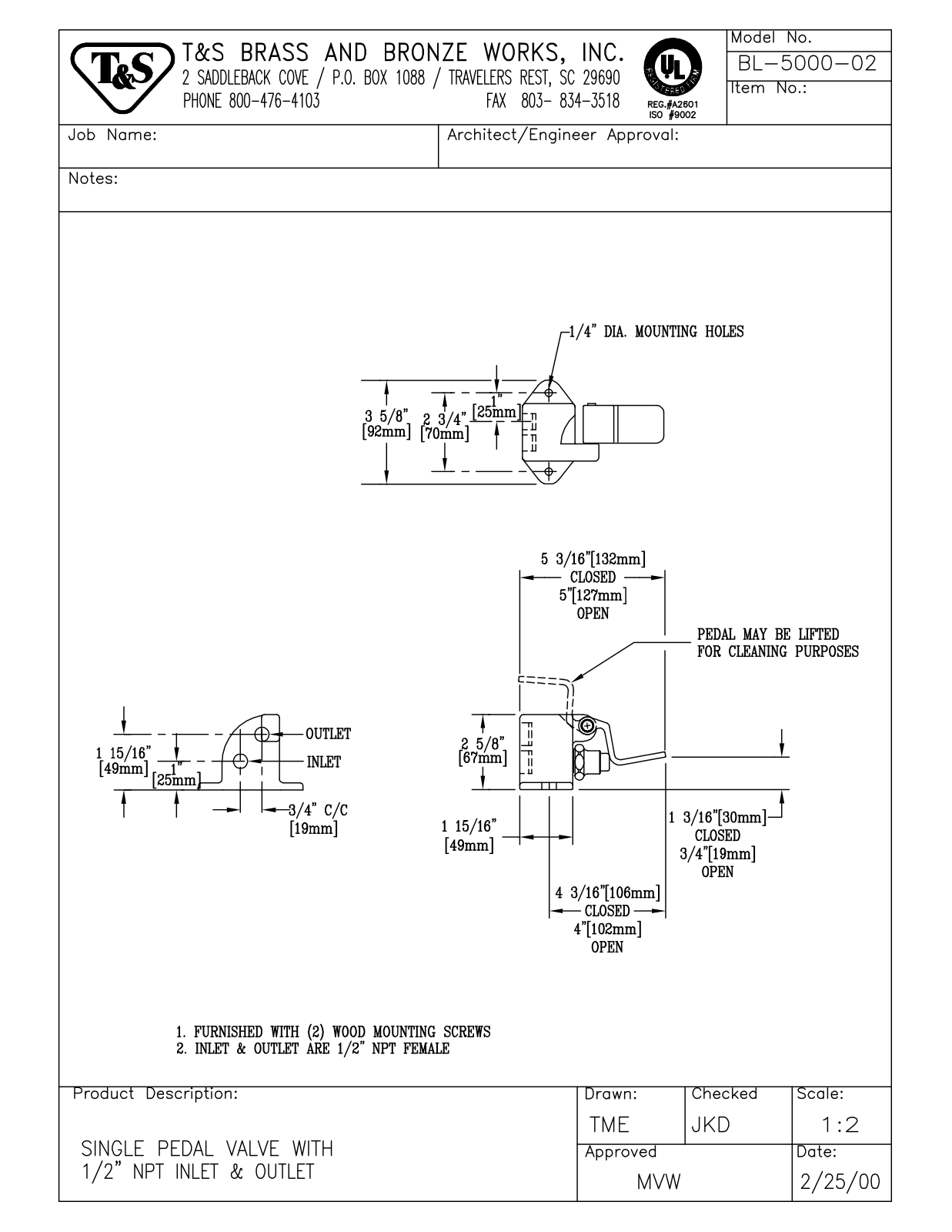 T&S Brass BL-5000-02 User Manual