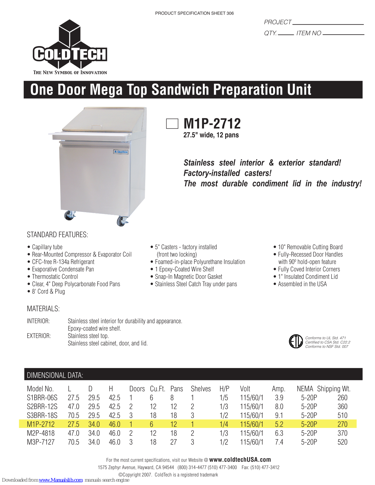 ColdTech M1P-2712, M2P-4818, M3P-7127, S1BRR-06S, S2BRR12S Specifications