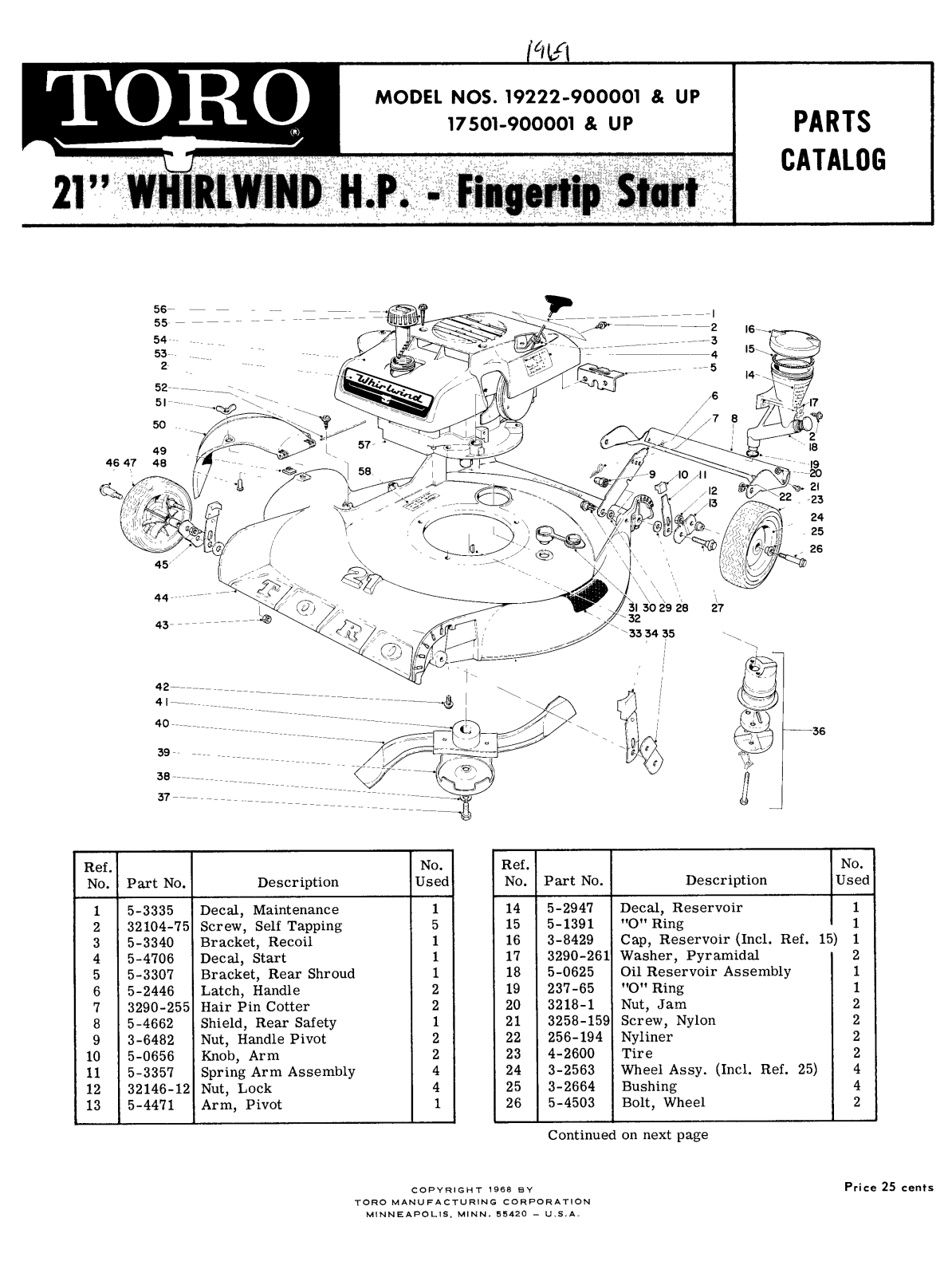 Toro 17501, 19222 Parts Catalogue