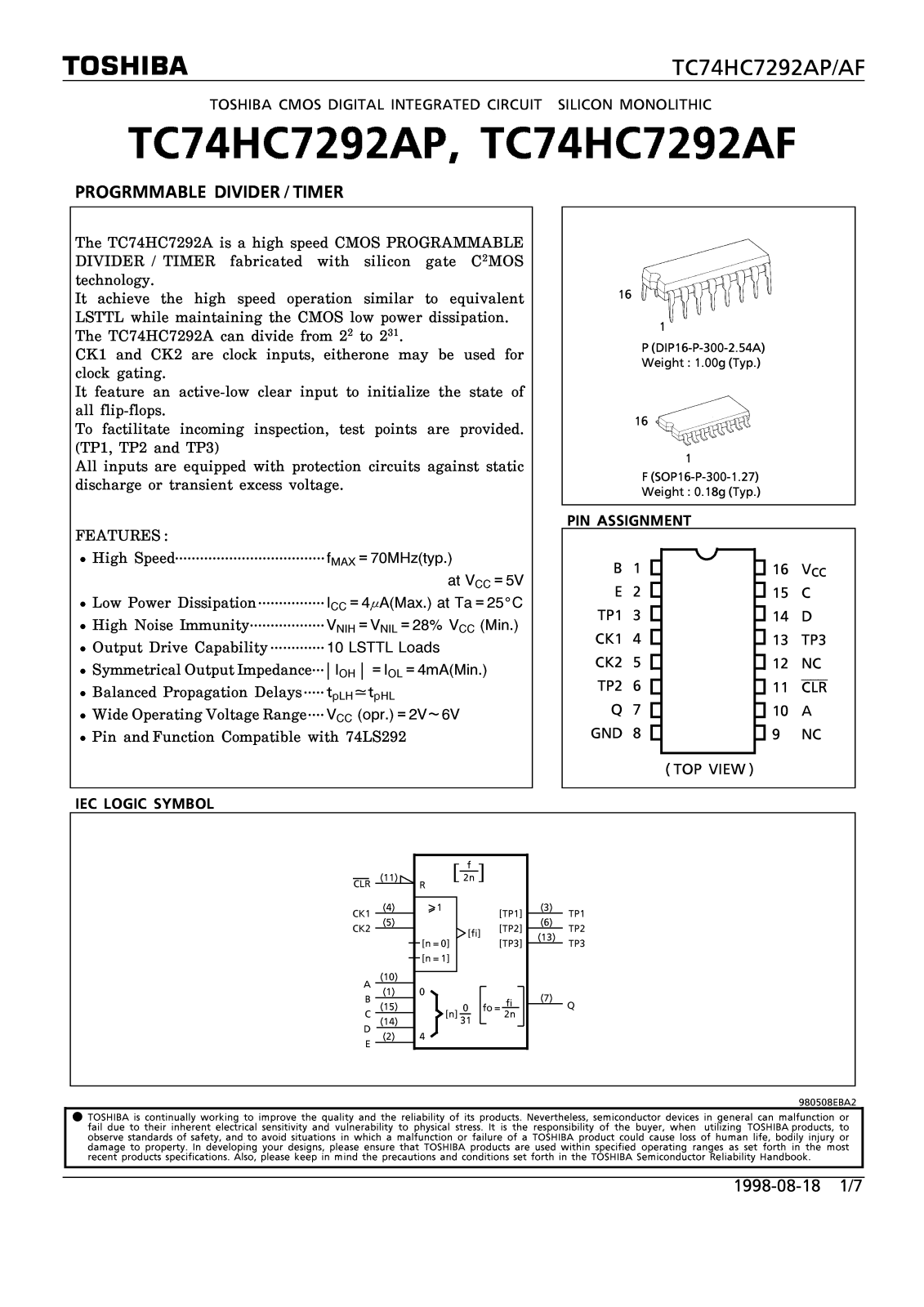 Toshiba TC74HC7292AP Datasheet