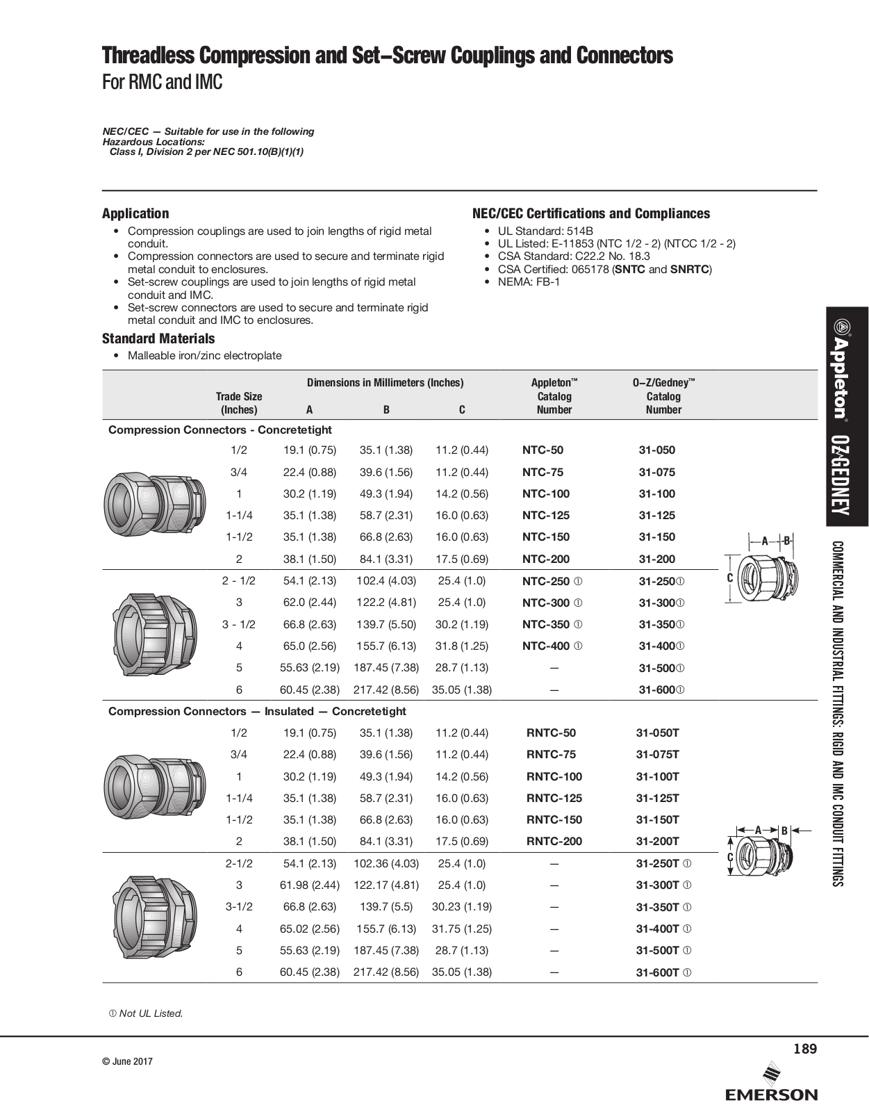 Appleton Threadless Compression and Set-Screw Couplings and Connectors Catalog Page