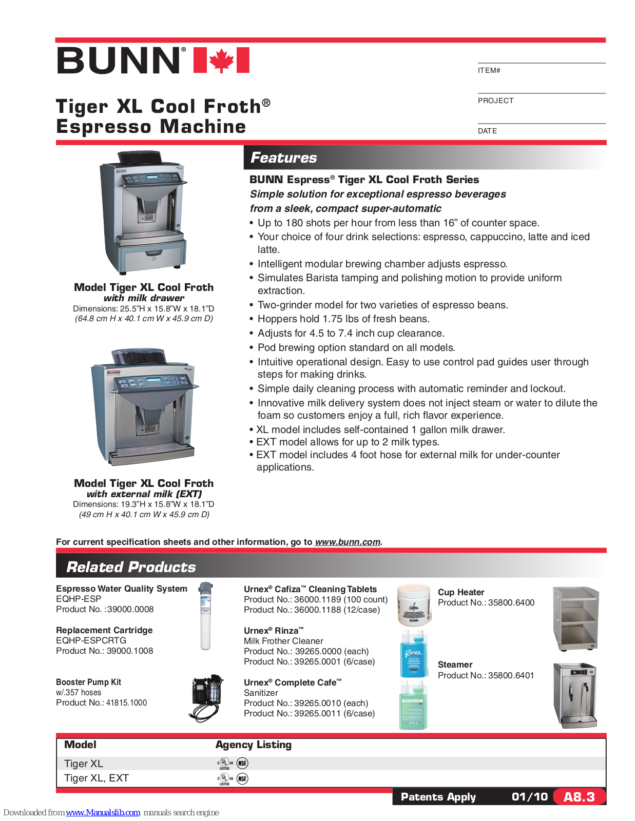 Bunn Tiger XL, Tiger XL EXT Specification Sheet