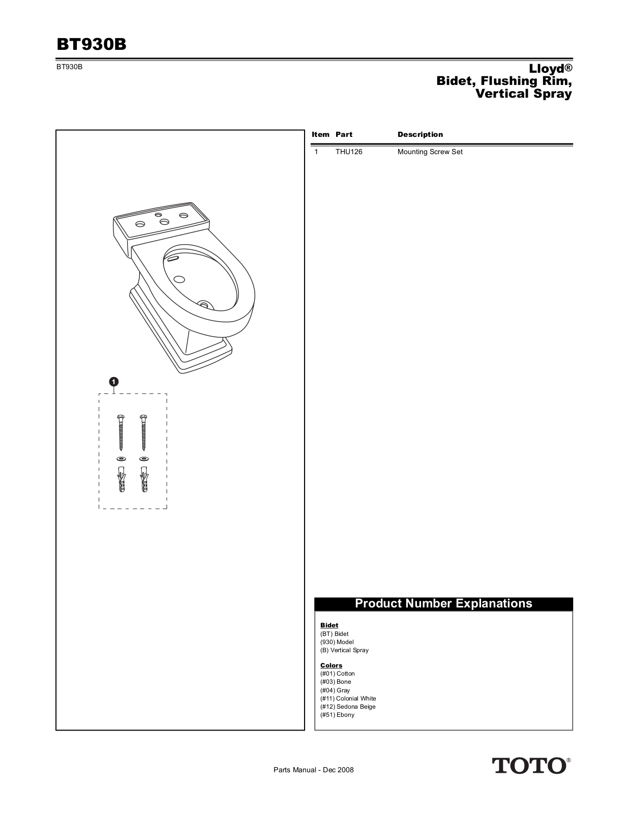 Toto BT930B01 User Manual