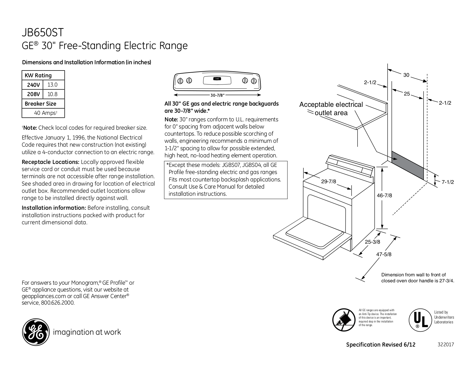 GE JB650ST Specification