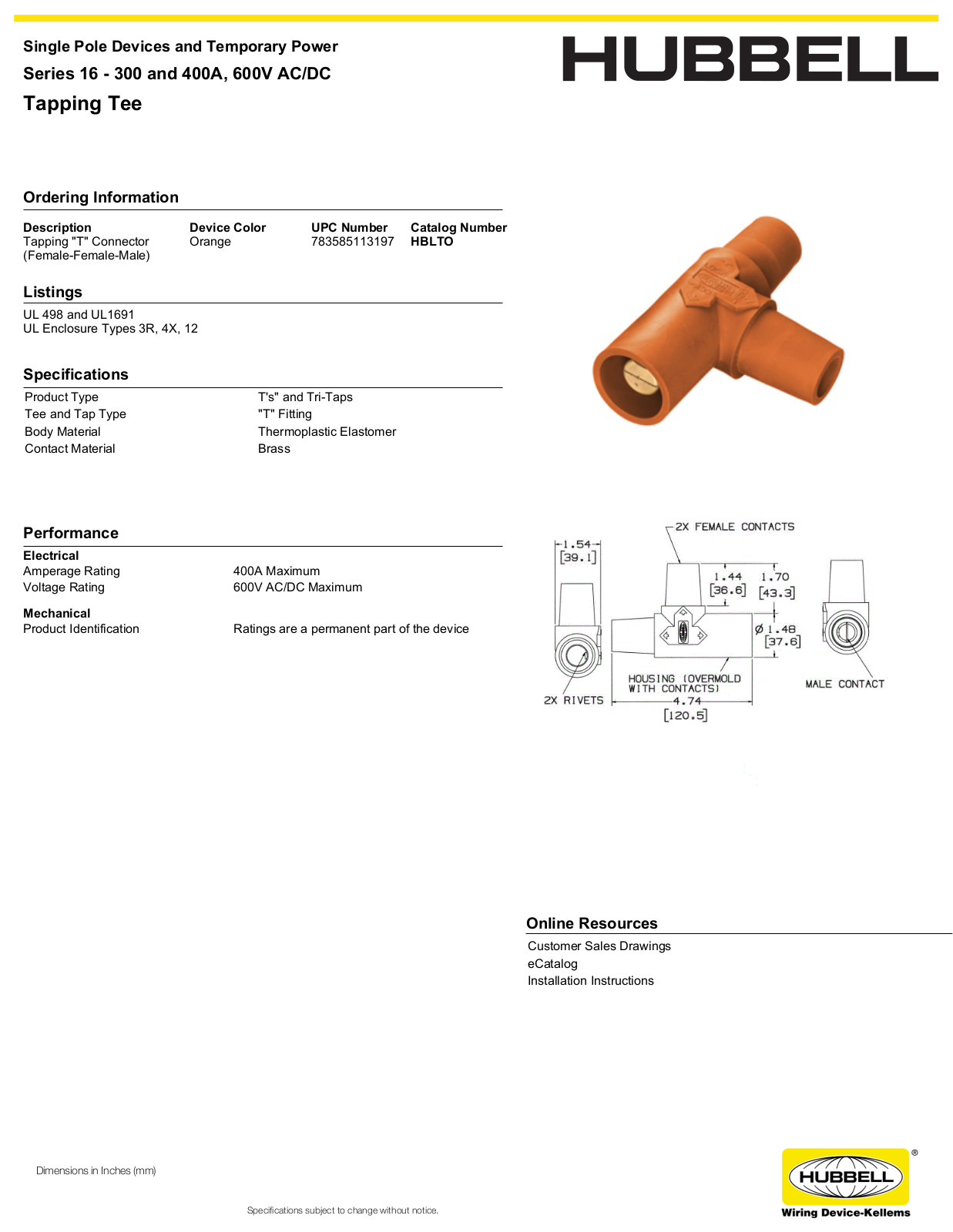 Hubbell HBLTO Specifications