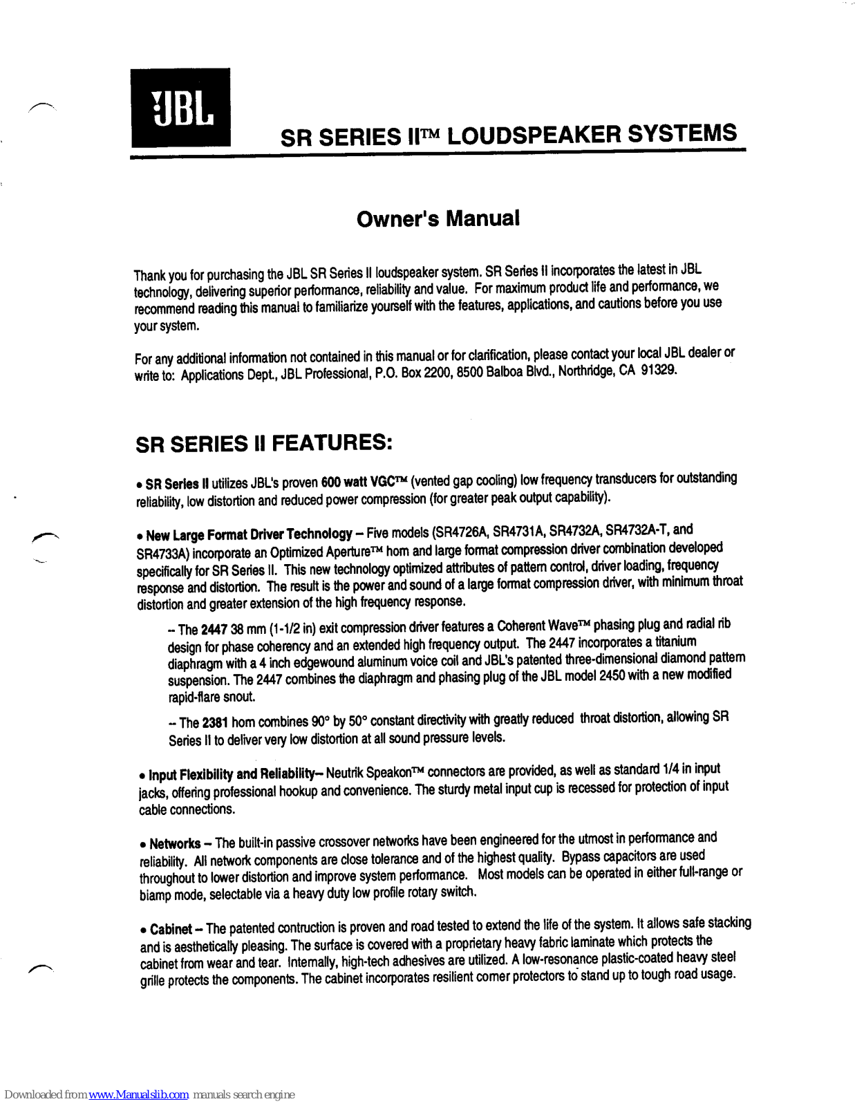 JBL SR Series II, sr4700, sr series Owner's Manual