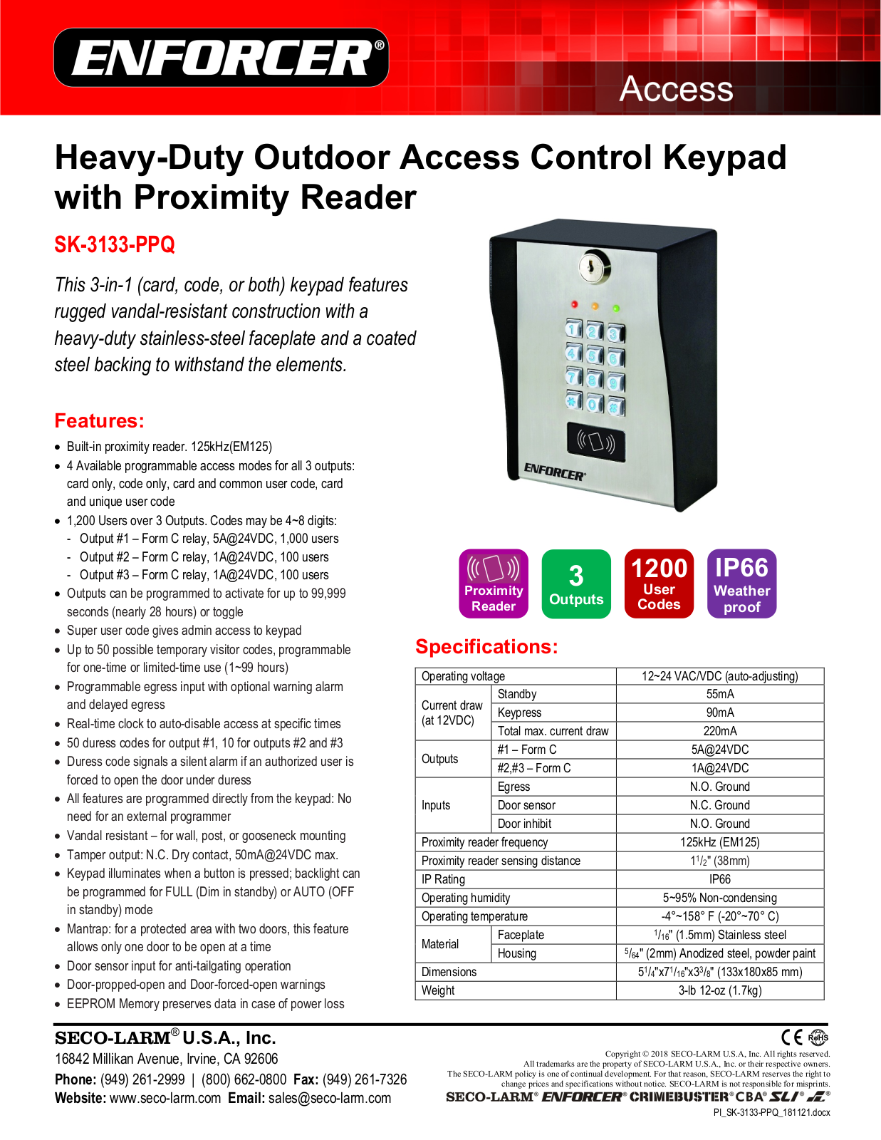 Seco-Larm SK-3133-PPQ Specsheet